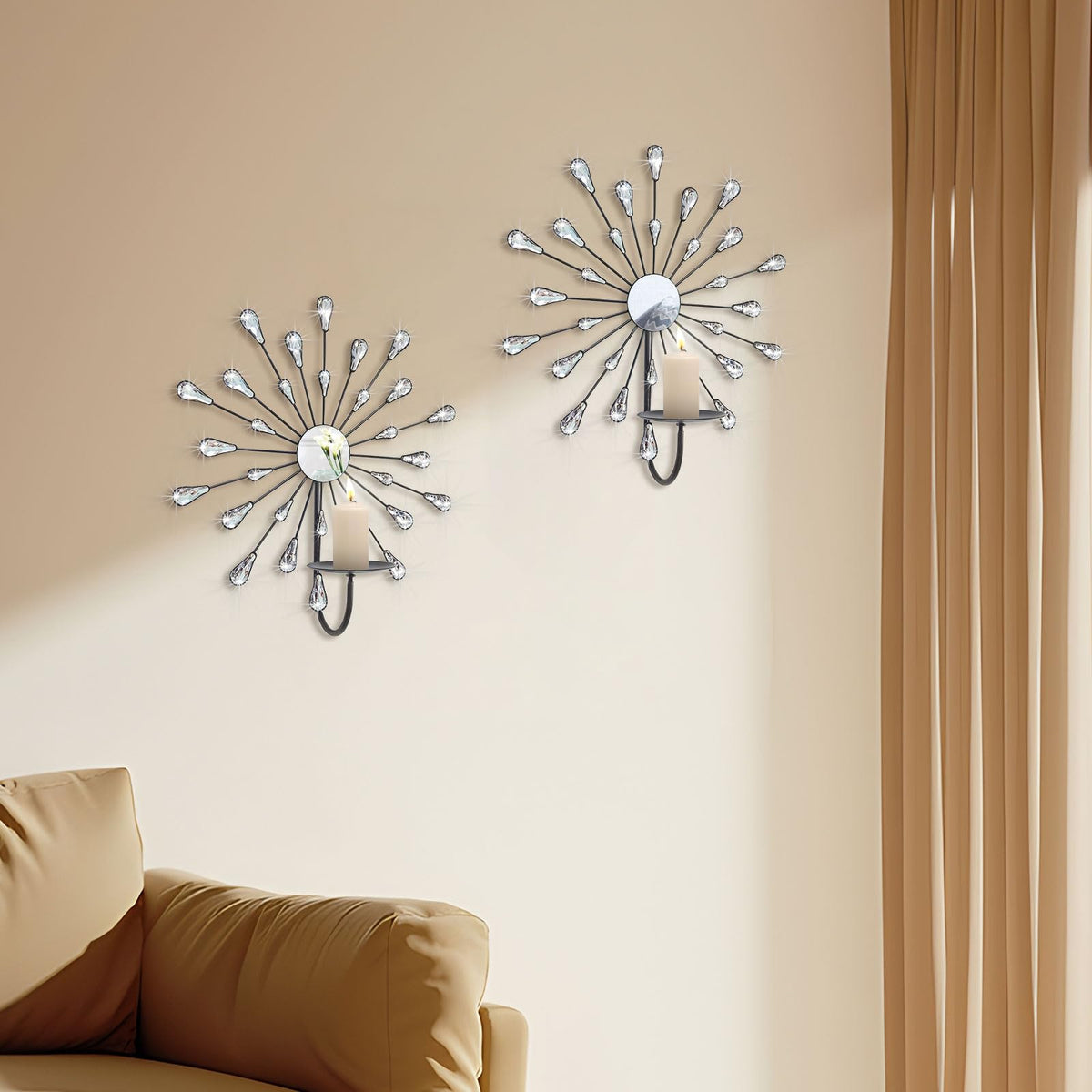ZEXUIRU 2 Set Starburst Candle Sconces for Wall Decor Living Room Bedroom Dining Room Metal Bling, Crystal, Mirrored Modern Wall-Mounted Candle Sconce Holders Hanging Decor-Black 13in