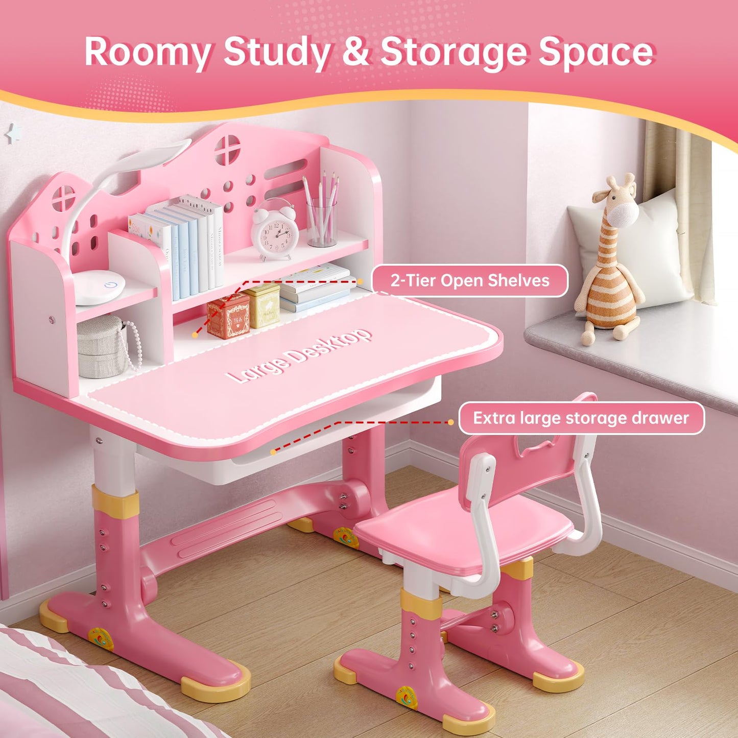 Xaperexi Kids Desk and Chair Set, Height Adjustable Child's School Study Writing Tables, Kids Desk with Bookstand and Storage Drawer, Widened Desktop with Desktop for Boys and Girls