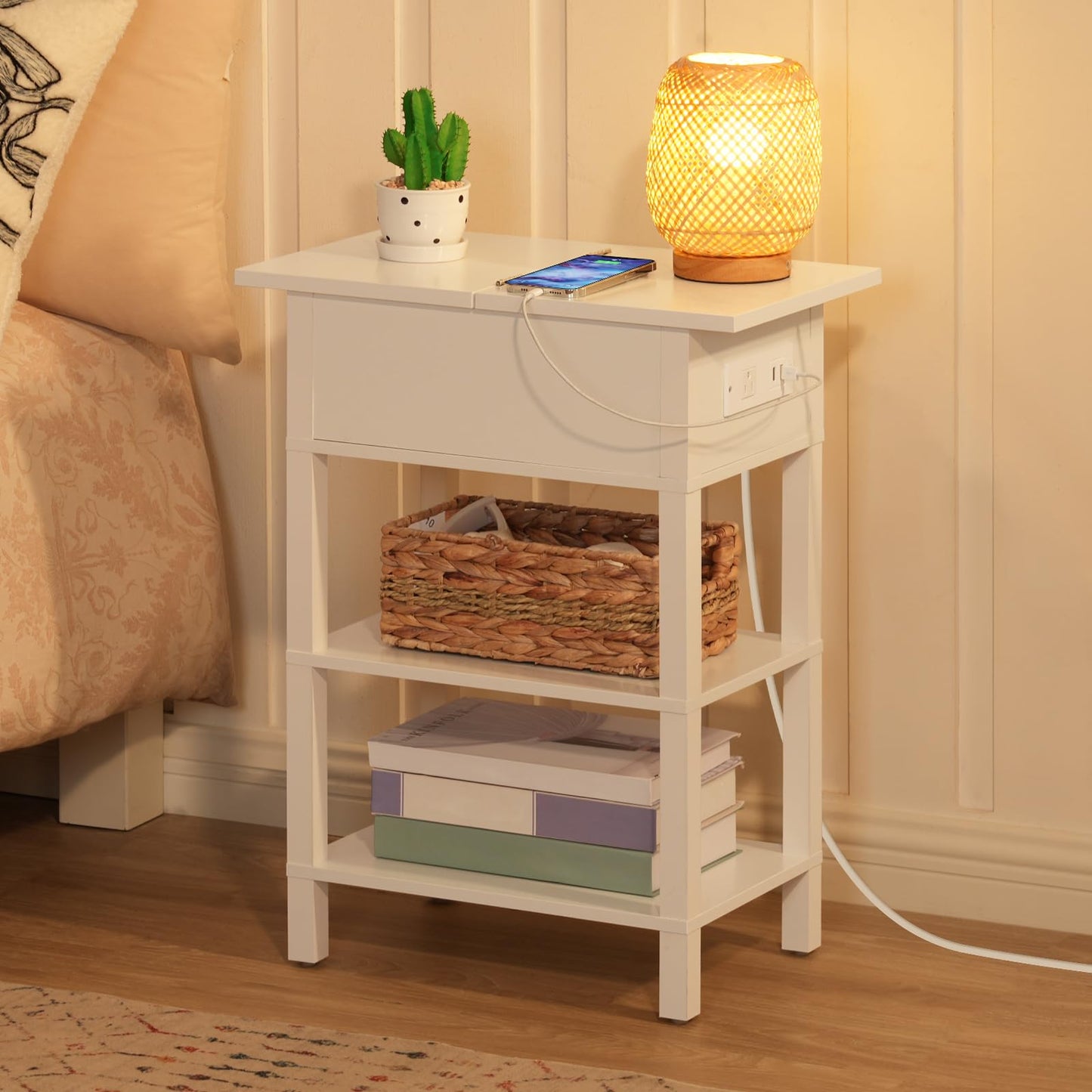 HOOBRO End Table with Charging Station, Flip Top Side Table with USB Ports, Narrow Nightstand Bedside Tables with Storage Shelves, for Small Space, Living Room, White WT141UBZ01
