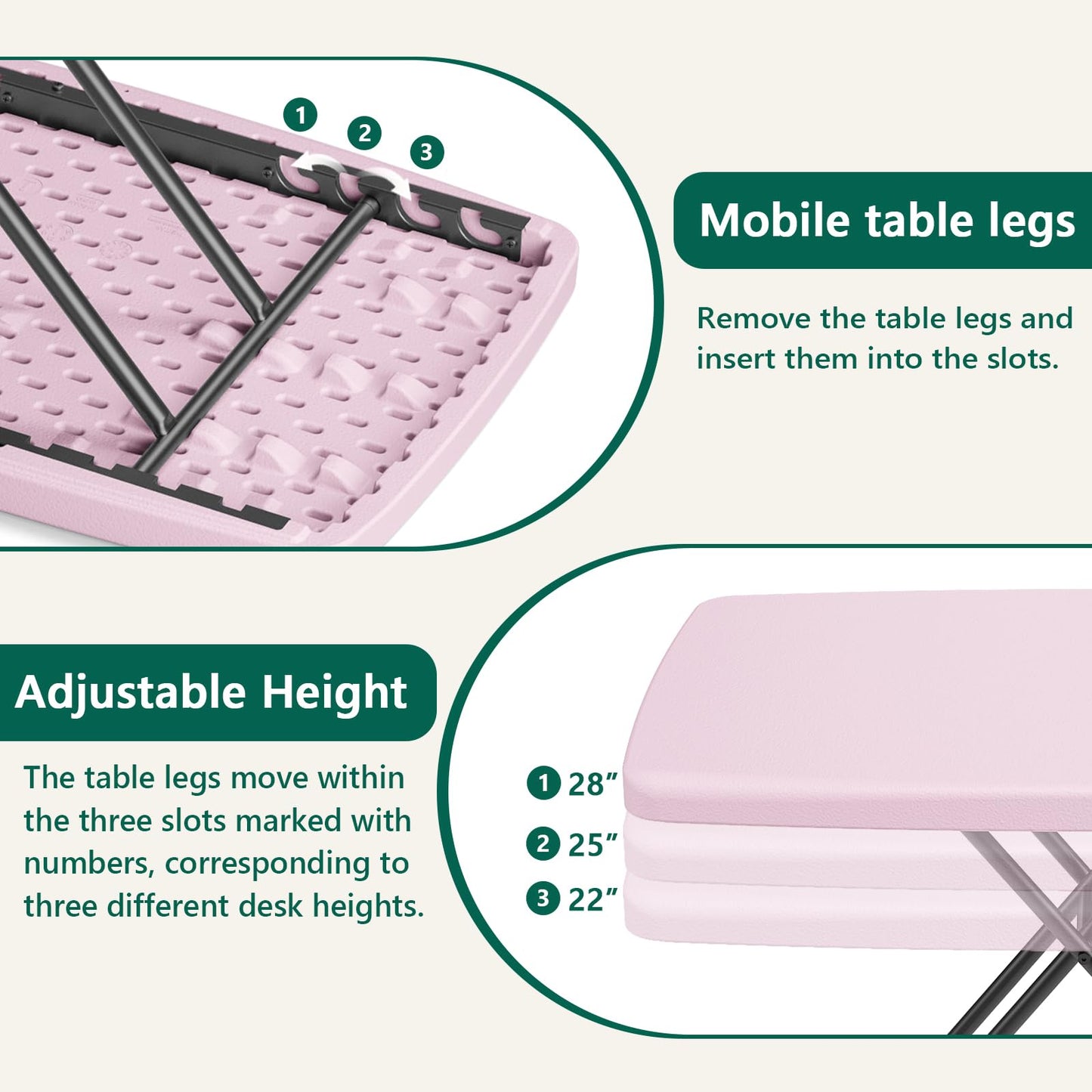 MAKE CHANGES Folding Table 30 Inch - Small Desk Adjustable Height TV Tray for Laptop, Couch, Camping - Heavy Duty Utility Foldable Table for Small Spaces, No Assembly Required, Pink Granite