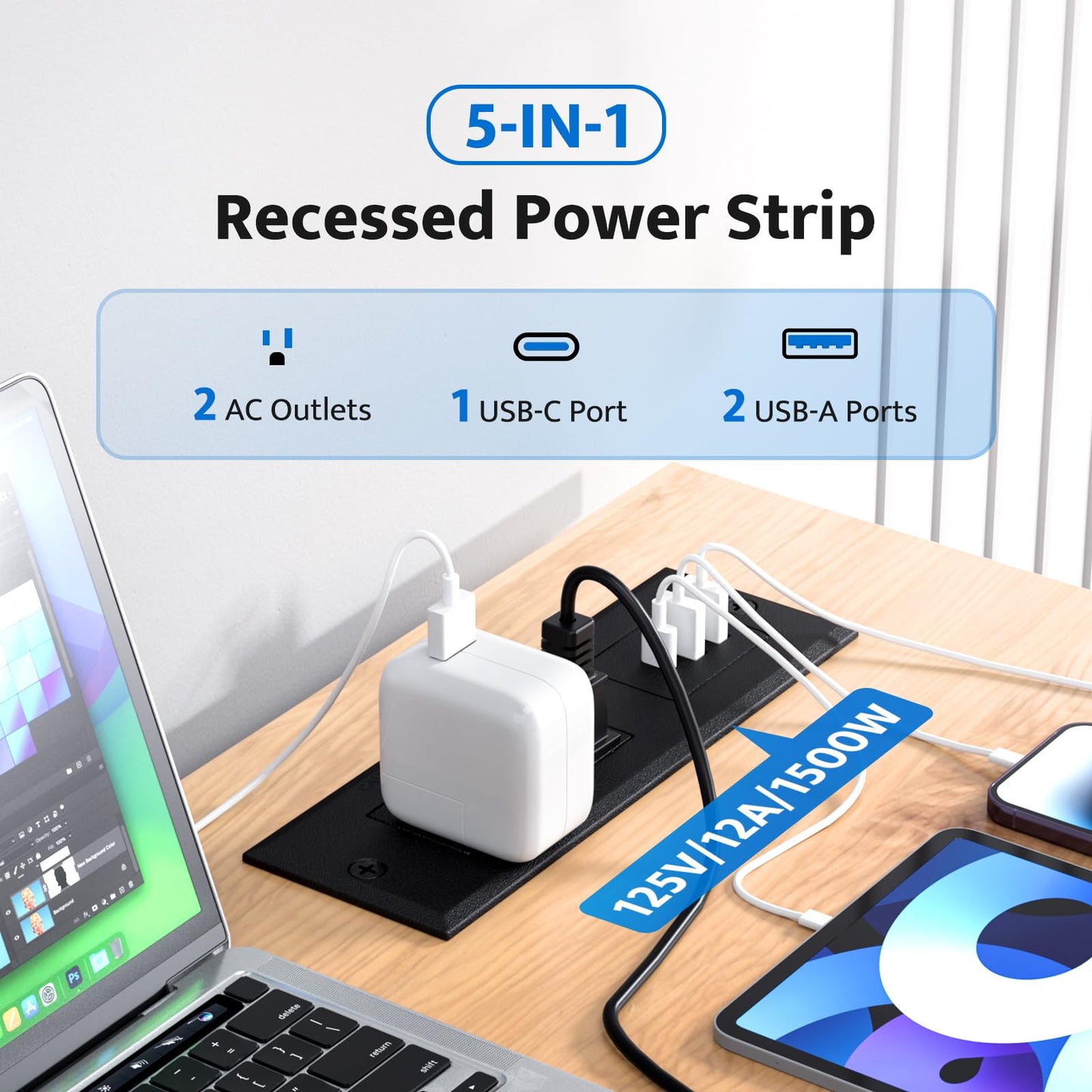DOACE Recessed Power Strip with USB C Fast Charging Conference Recessed Outlet,Space-Saver for Furniture Side Table,2 AC Outlets,3 USB Ports,6ft Cord, for Home