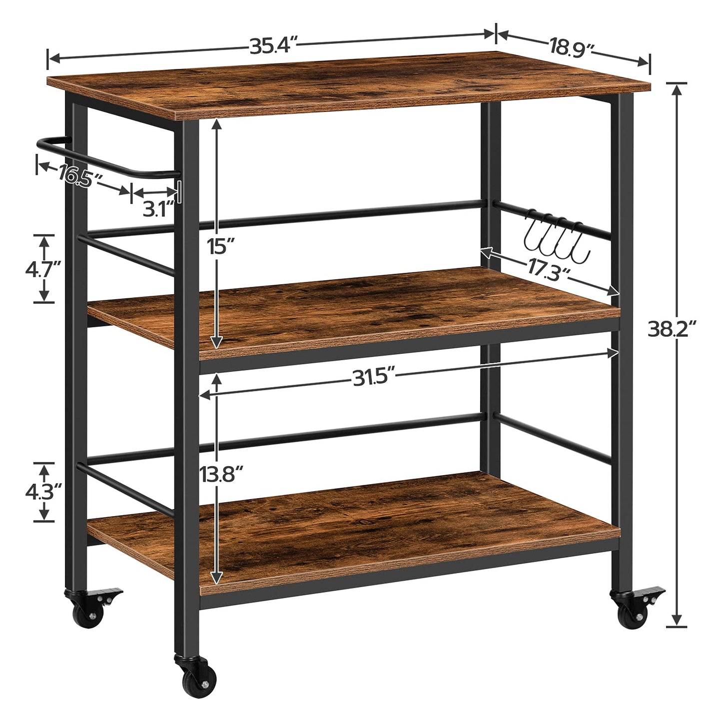HOOBRO Kitchen Island with Storage, Industrial Kitchen Counter with Hooks and Side Enclosures, 3 Tier Kitchen Cart with Large Workstation, Saving Space, Easy Assembly, Rustic Brown and Black BF03ZD01
