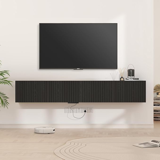 71” Floating TV Stand with LED Lights & Charging Station, Floating Media