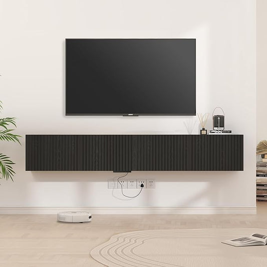 71” Floating TV Stand with LED Lights & Charging Station, Floating Media