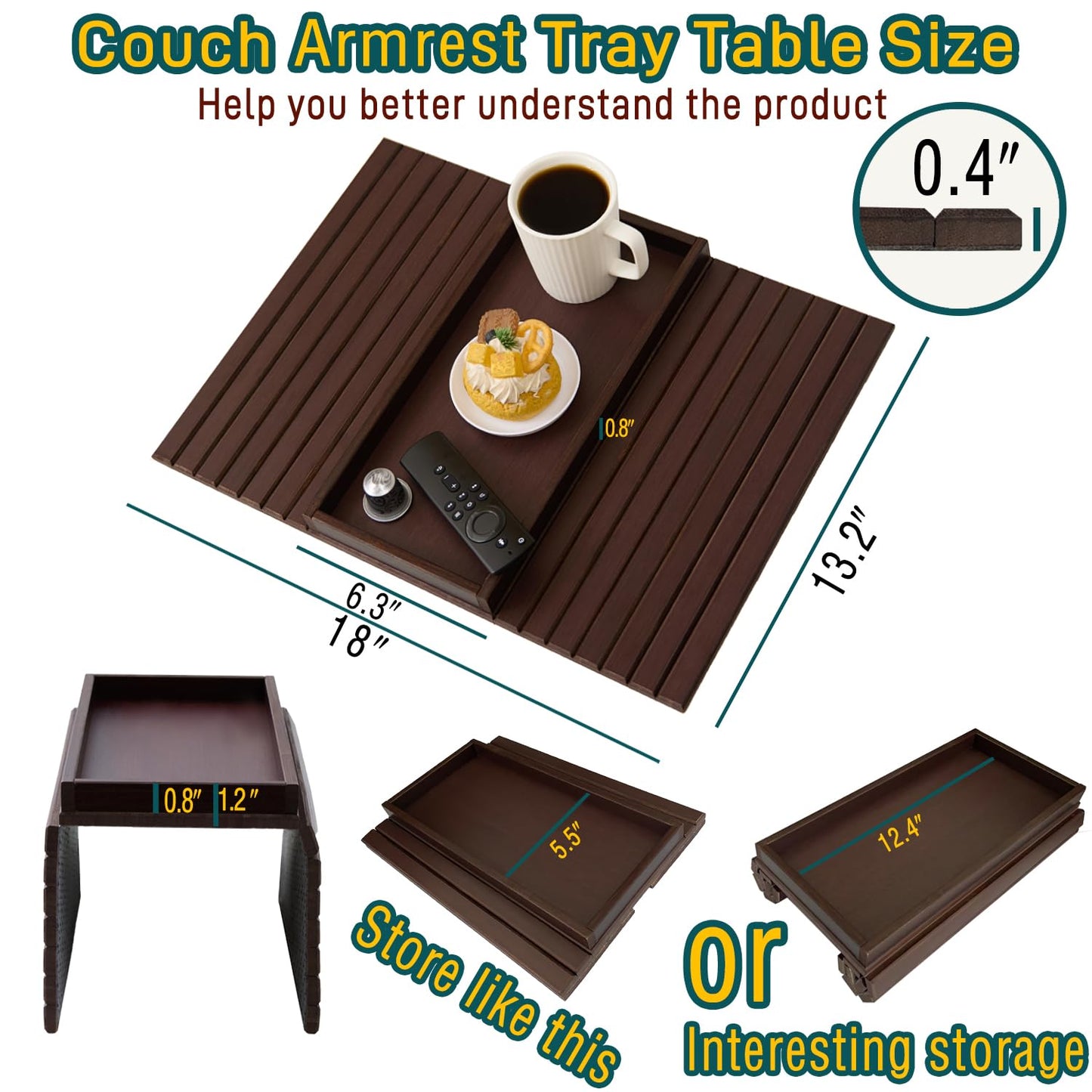 Bamboo Couch Arm Tray Table，Foldable Sofa Armrest Tray Table for Couch，Flexible and Anti-Slip Couch Arm Cup Holder，Portable Sofa Arm Chair Table for Drink,Cups, Eats，Snacks, Phone, Remote