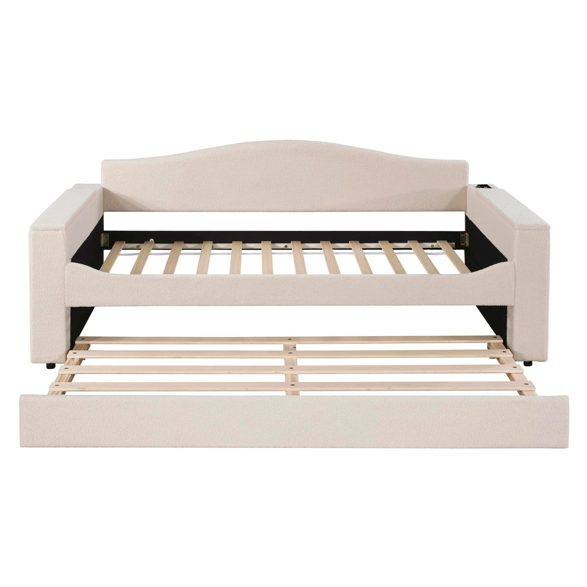 Twin Upholstered Daybed with Storage Armrests, Trundle and Latest Integrated Bluetooth Audio System