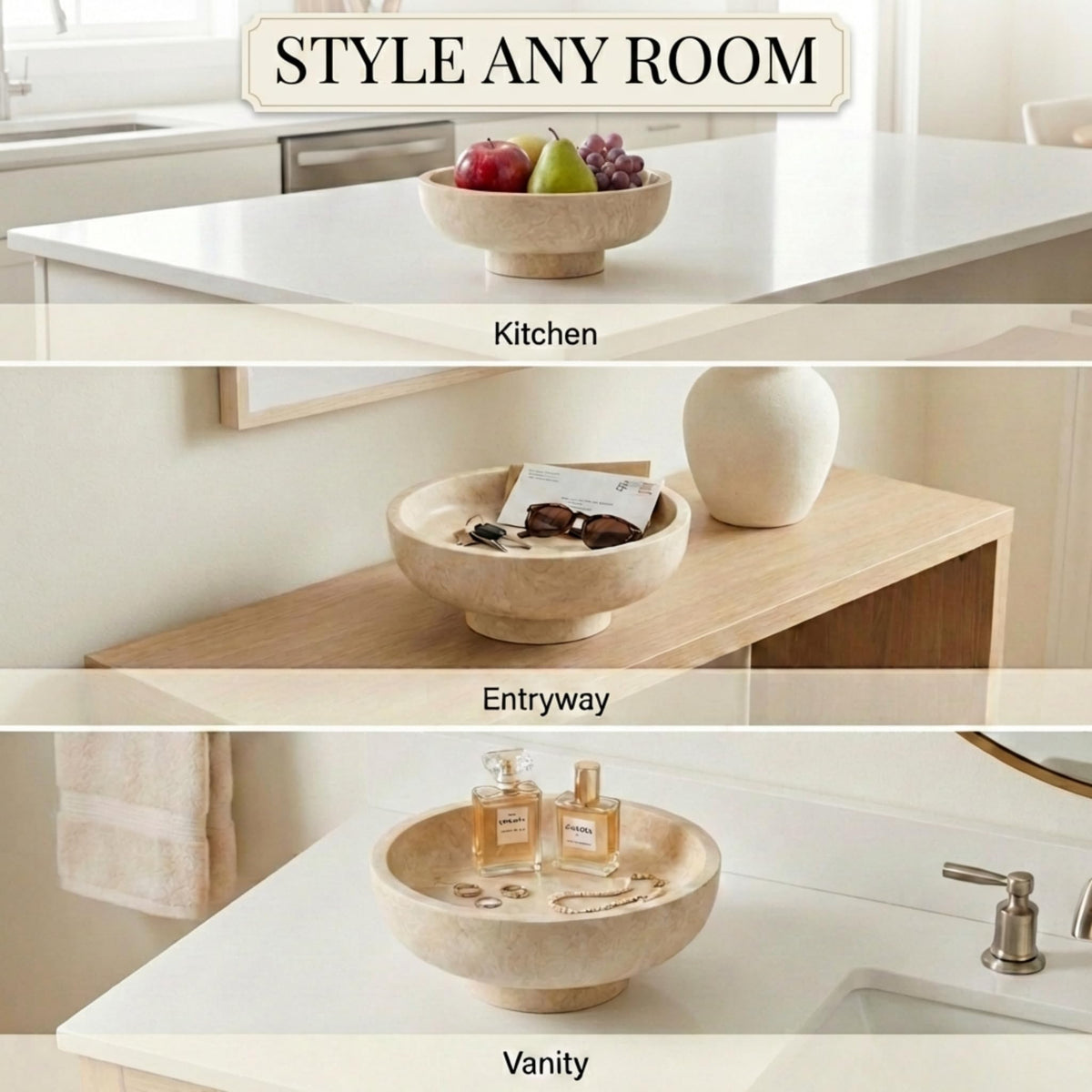 OAKOA Modern Fruit Bowl for Kitchen Counters - Large Decorative Bowl for Home Decor- Key Bowl for Entryway Table - Pedestal Bowl - Stone Bowl