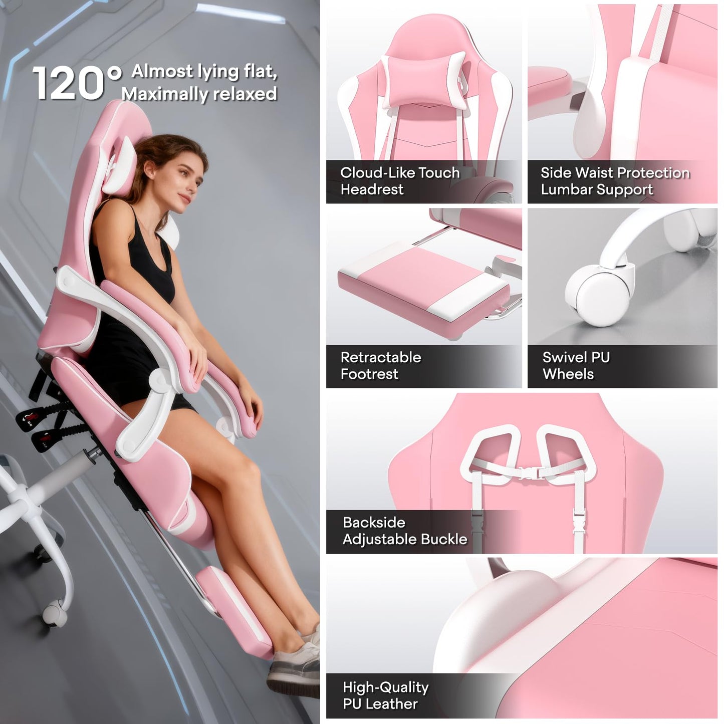 Athena Collection Gaming Chair, Ergonomic Gaming Chair with Footrest & Headrest Lumbar Support, Height Adjustable Swivel Computer Chair Office Chair for Adults (Pink)