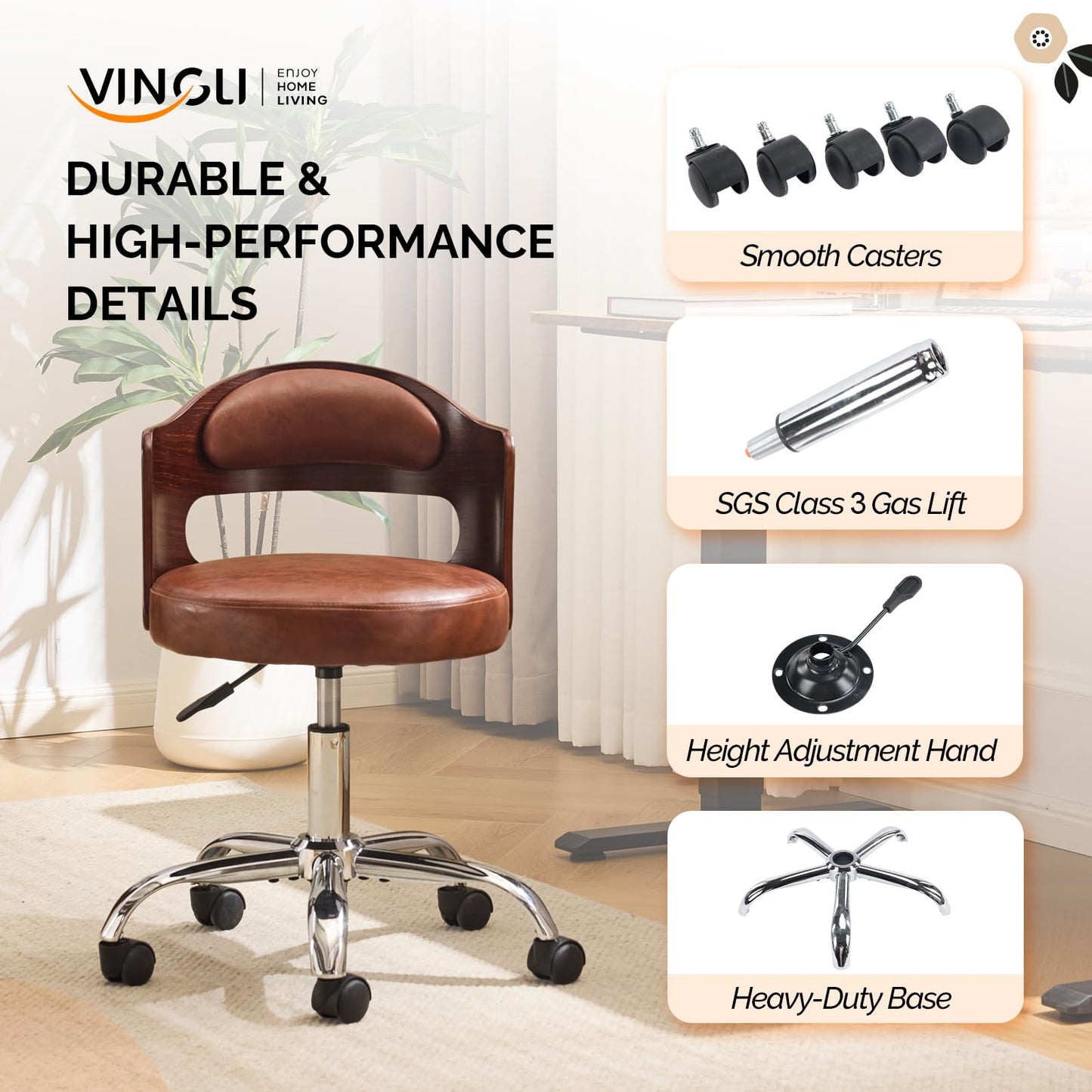 VINGLI Armless Home Office Desk Chair, Adjustable Swivel Chair,Dual-Use with/no Wheels,Small Retro Designed Walnut Curved Task Chair,Cushioned Nail Tech Chair for Study Area,Workspace,PU,Brown