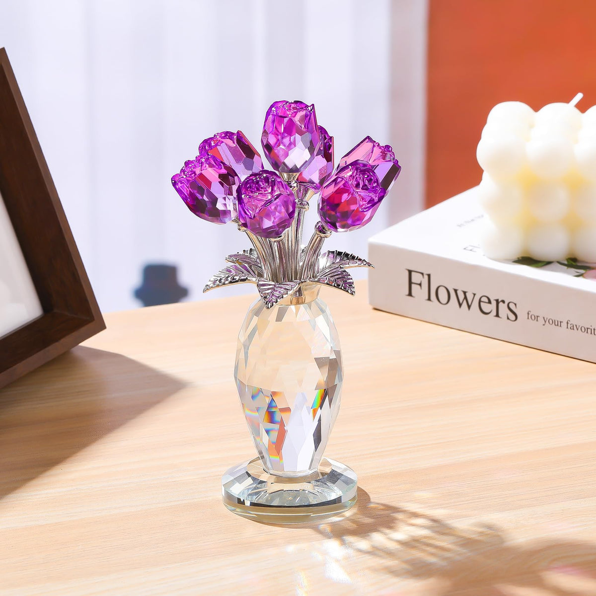 Arikyrist Crystal Purple Rose Flower Figurine with Vase, Handmade Romantic Rose Gifts Bouquet for Wife Mom Women, Glass Rose Flower with Stem Home Decor for Valentine Mother's Day Christmas
