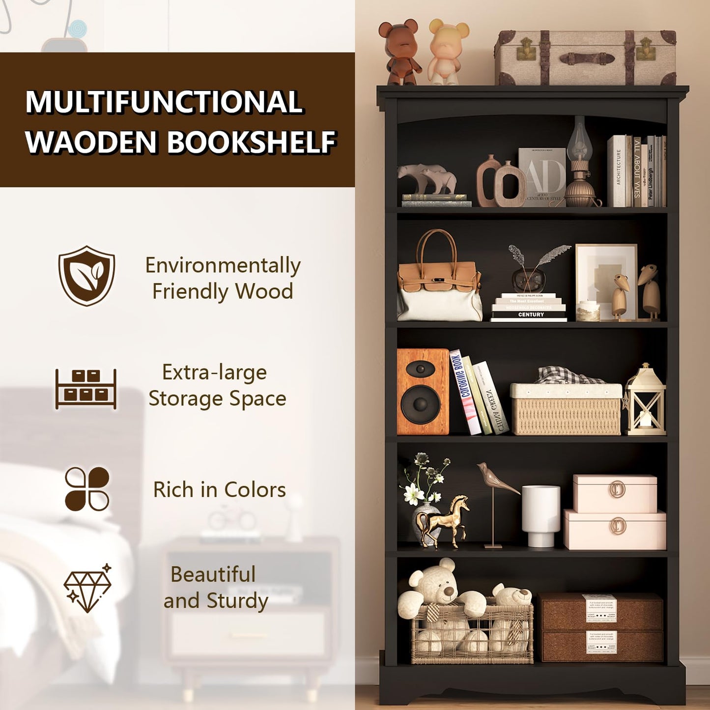 TVU 5-Tier Wooden Bookshelf, 31.5" W x 65" H ×9.9" D Bookshelf with Storage, Floor Standing Modern Style Display Bookcase for Living Room, Office, Study Room, Entryway, Black