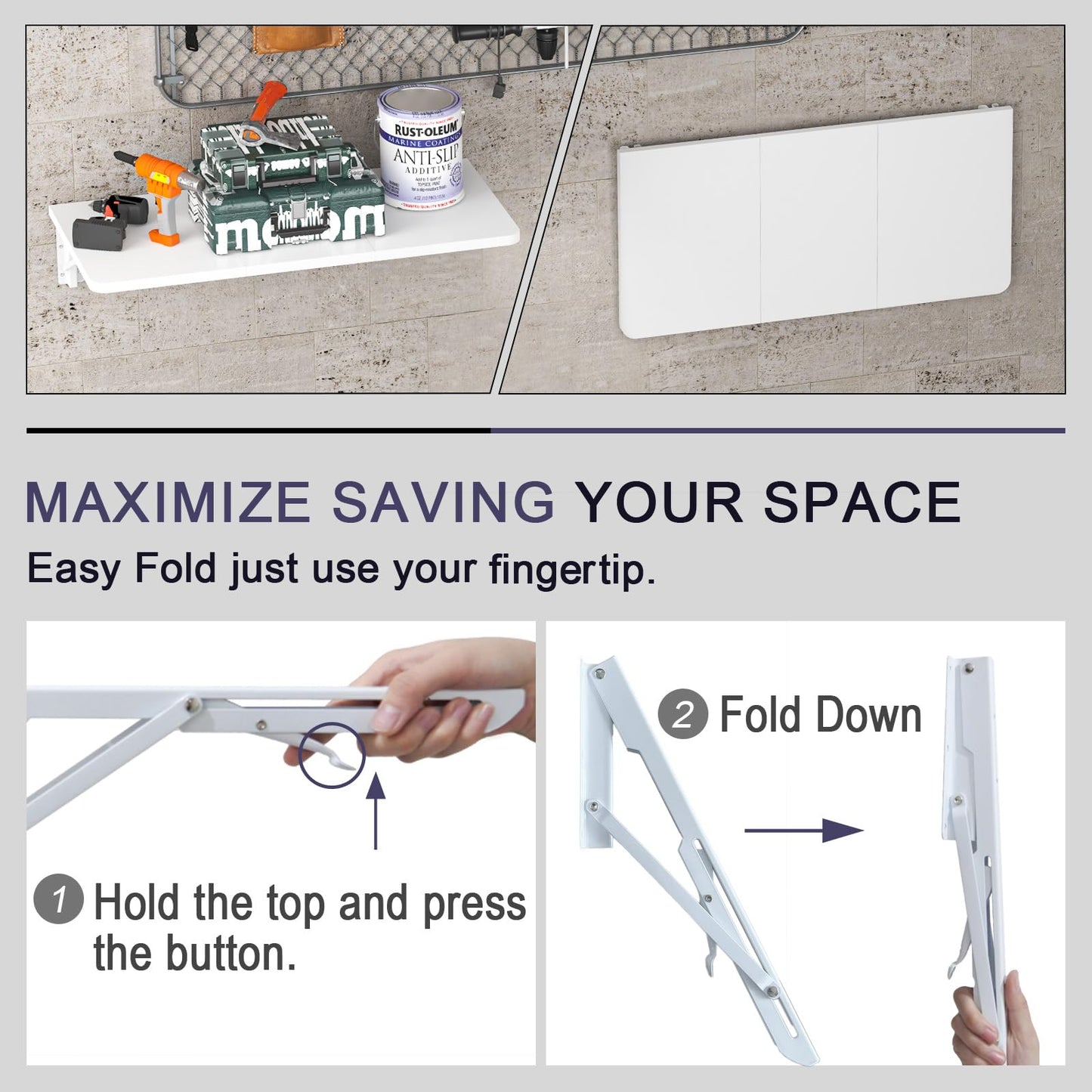TEAMIX Wall Mounted Desk, White Folding Table for Small Spaces, Wall Floating Desk with Heavy Duty Brackets for Laundry Room,Kitchen,Office Storage