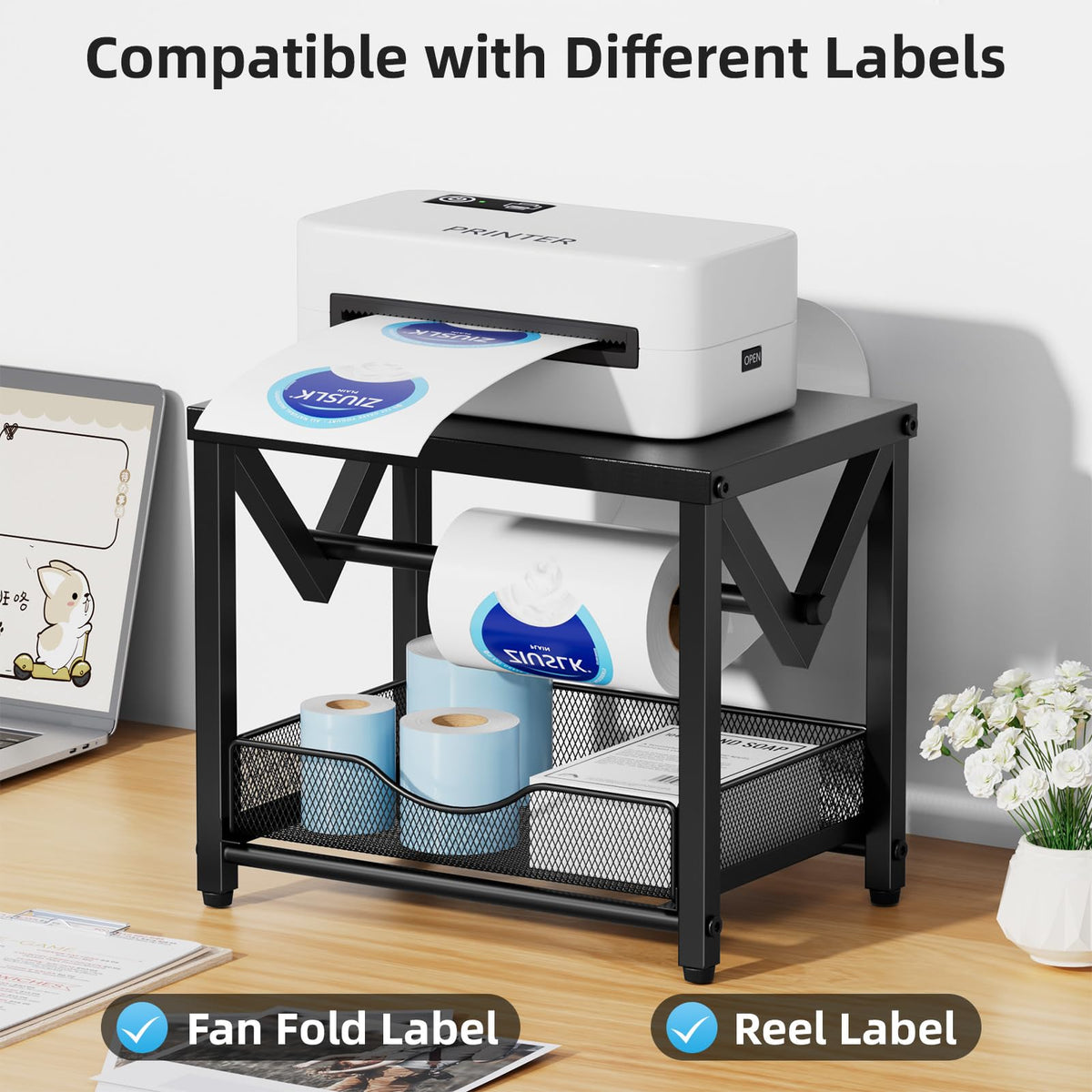 Marbrasse Label Holder for Rolls and Fanfold Labels, Metal Thermal Label Printer Holder with Drawer, Shipping Label Stand,Sticker Roll Holder for Home, Office, Small Business,Black