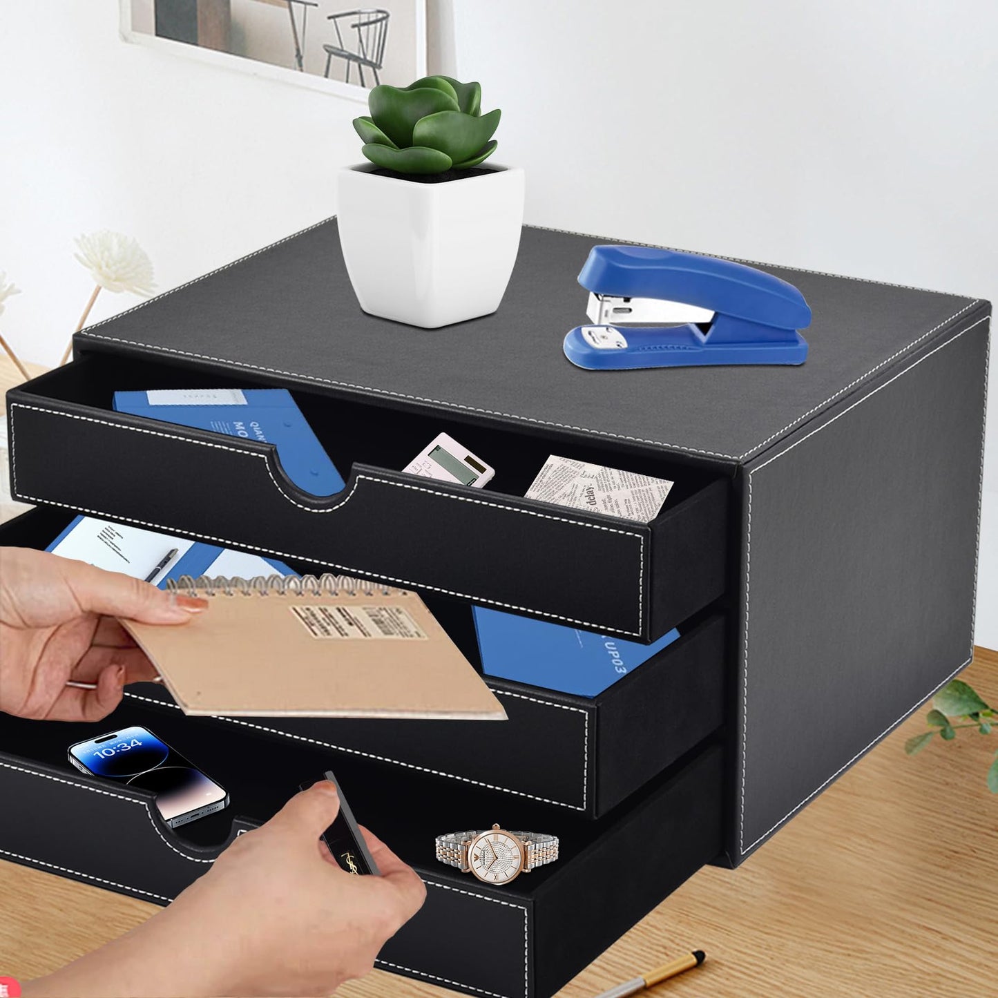 XNONE PU Leather Desk Organizer with 3 Drawers,Executive Office Supplies Desktop Filing A4 File Cabinet/Holder for Jewelry/Bill/Paper/Documents/Makeup Home Decor Stationery Storage Box,Black