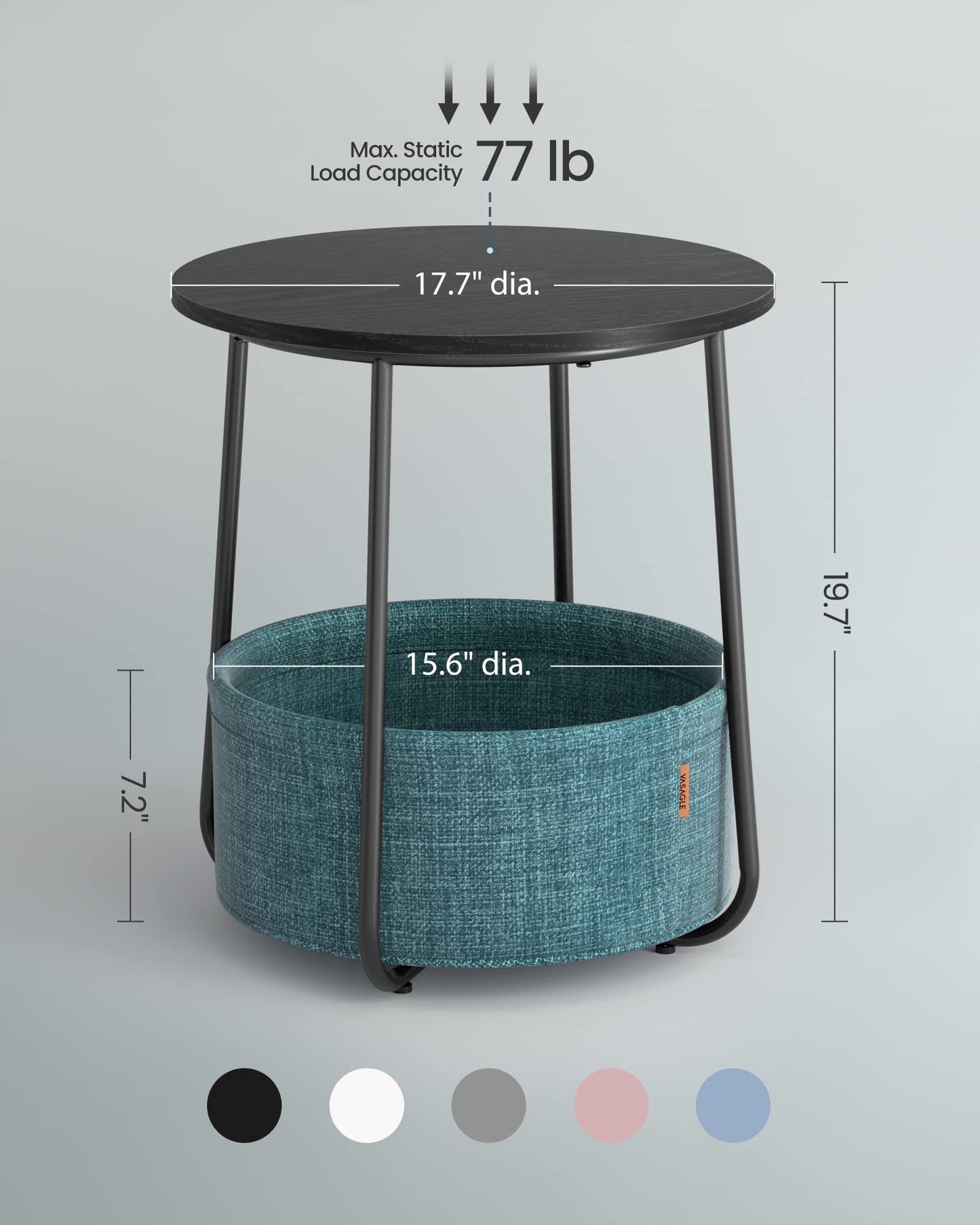 VASAGLE LILEA Collection - Small Round Side End Table, Modern Nightstand with Fabric Basket, Ebony Black and Turquoise Blue ULET223B56