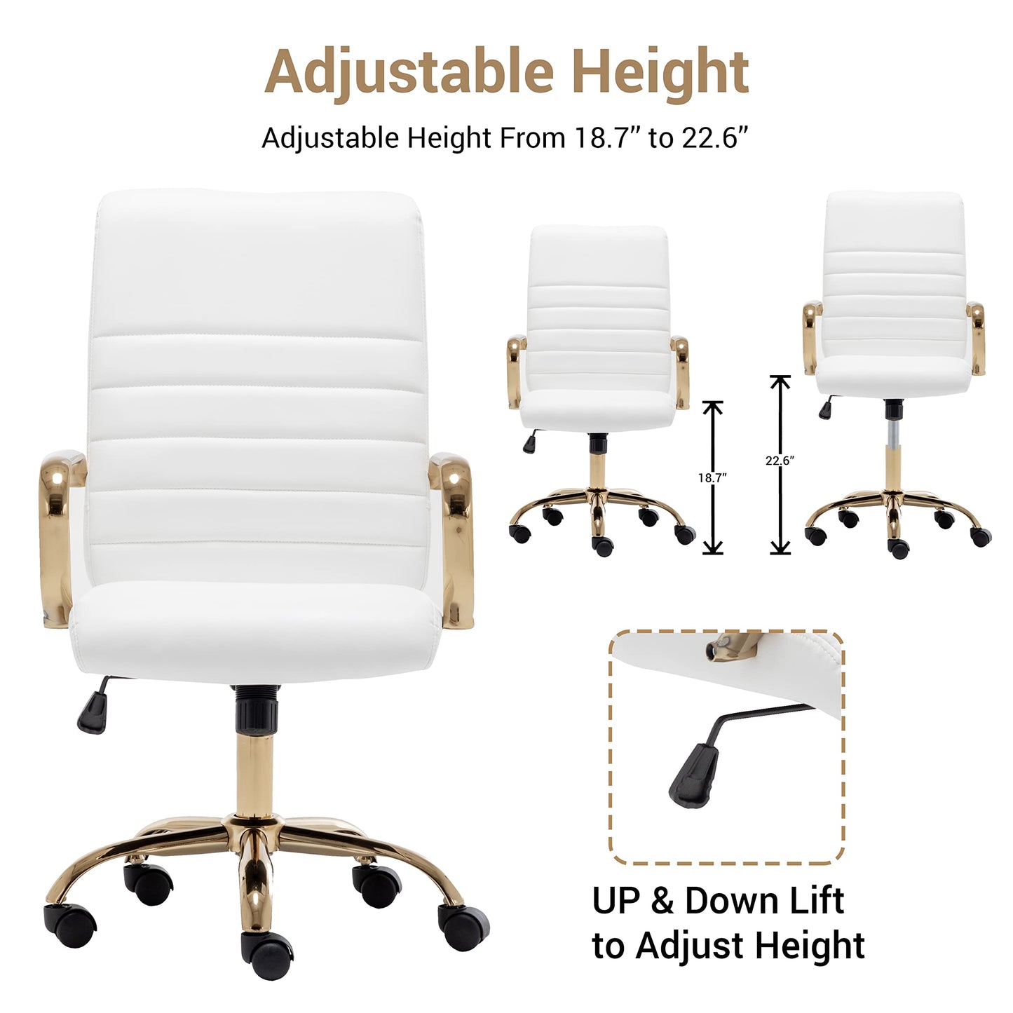 BTEXPERT White Ergonomic Faux Leather Adjustable Home Office Arm Chair Golden Finish (5162)
