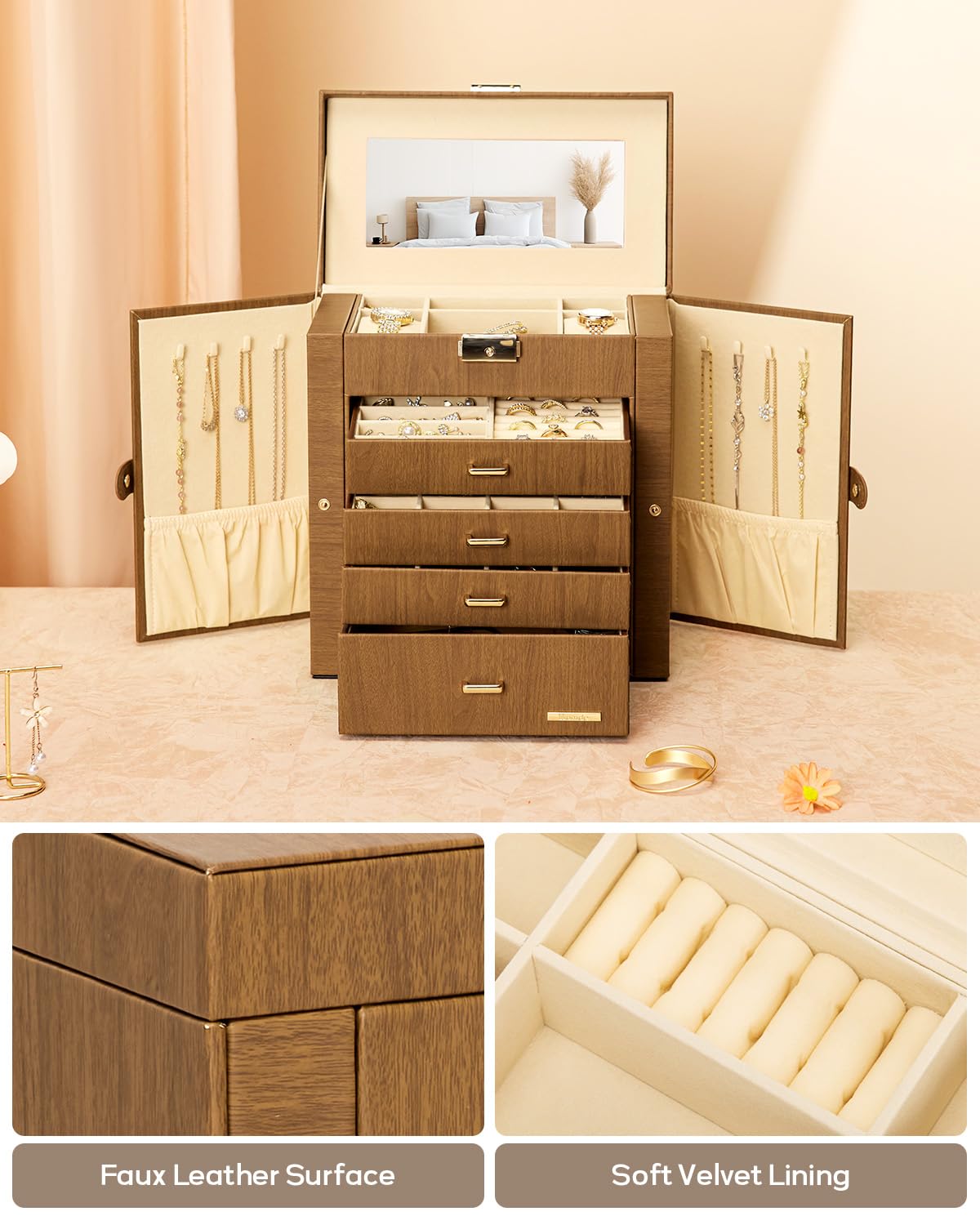 Homde Synthetic Leather Huge Jewelry Box Mirrored Watch Organizer Necklace Ring Earring Storage Lockable Gift Case (Brown + Gold)