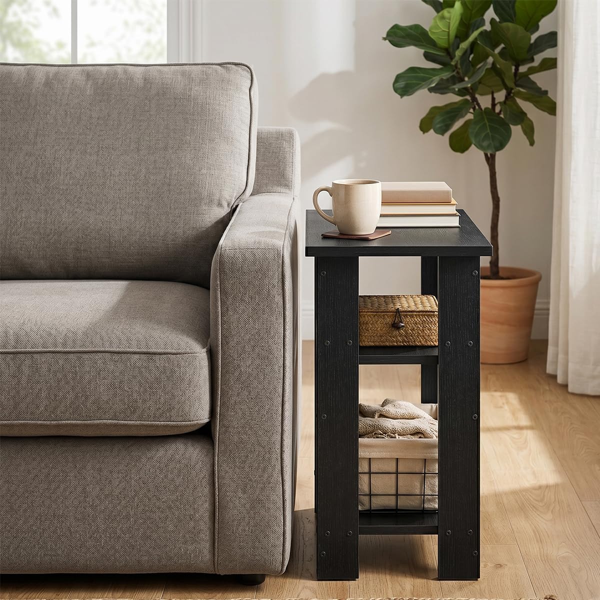 ZEXVIDA Black Side Table, 3 Tier Narrow End Table for Living Room, Modern Wood Nightstand with Storage Shelves, Small Bedside Table for Bedroom, Home Office, Small Spaces, 22.8 Inch High