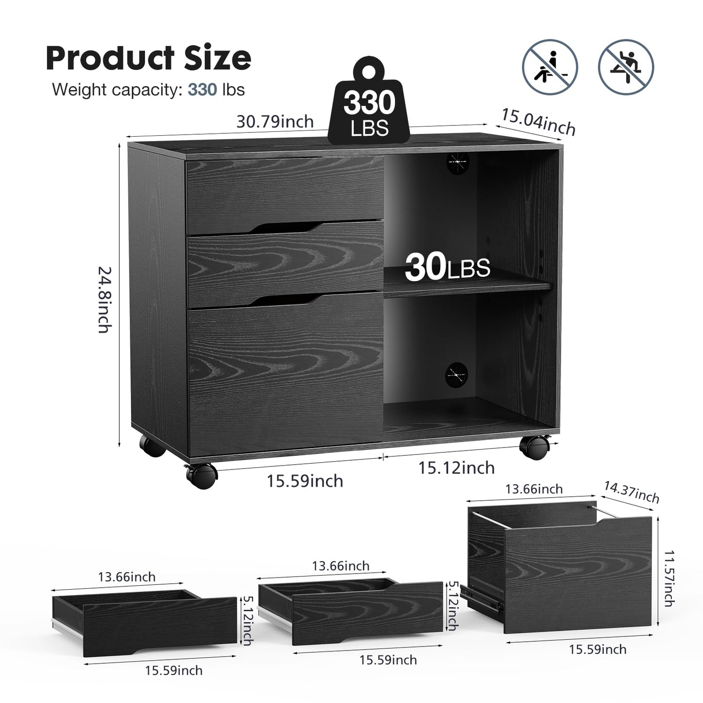 DUMOS Lateral File Cabinet with 3 Drawers Rolling Filing Cabinets Under Desk Storage Printer Stand Wood Organizer with Wheels Adjustable Shelf for Office Home Small Space, Black