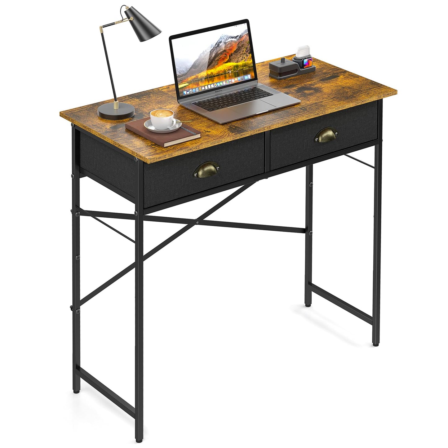 DAOUTIME Small Writing Desk for Kids Bedroom, 31.5 Inch Computer Desk for Small Spaces, Simple Desk with 2 Fabric Drawers for Home Office, Dorm, Living Room, Home Study Table, Rustic Brown