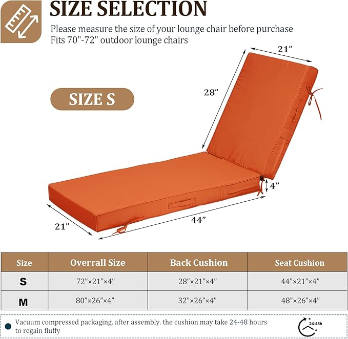 72x21x4in Lounge Cushions for Outdoor Furniture, Outdoor Lounge Chair Cushions