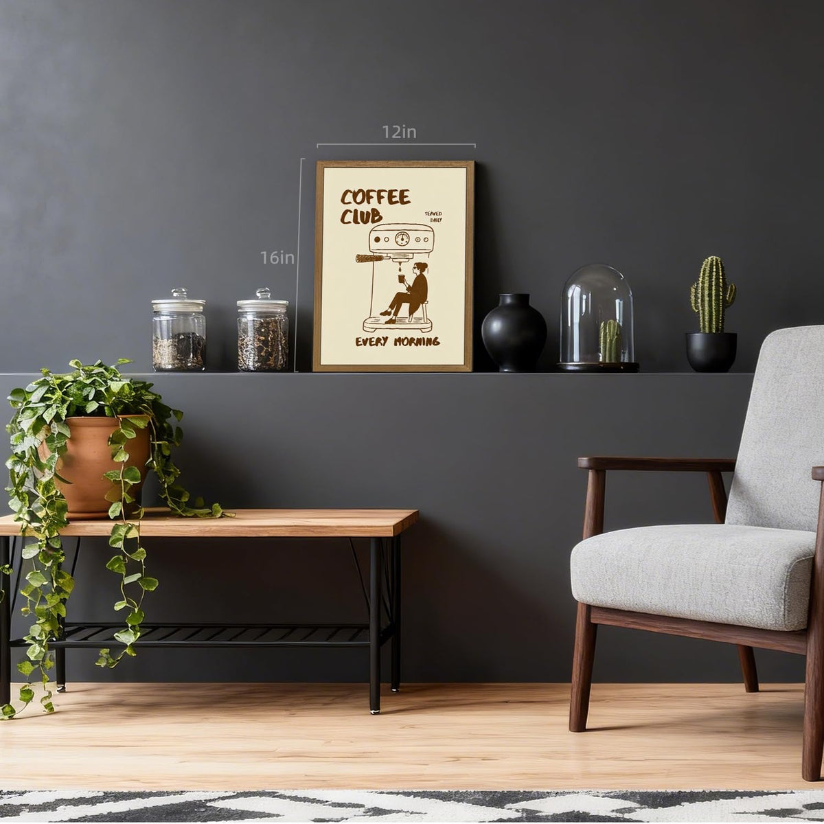 PORENY Funny Coffee Club Wall Art, Modern Minimalist Coffee Bar Decor, Cafe Kitchen Poster Print, Trendy Cafe Station Canvas Painting, Espresso Lover Artwork for Office Wood Framed 16x24 Inch