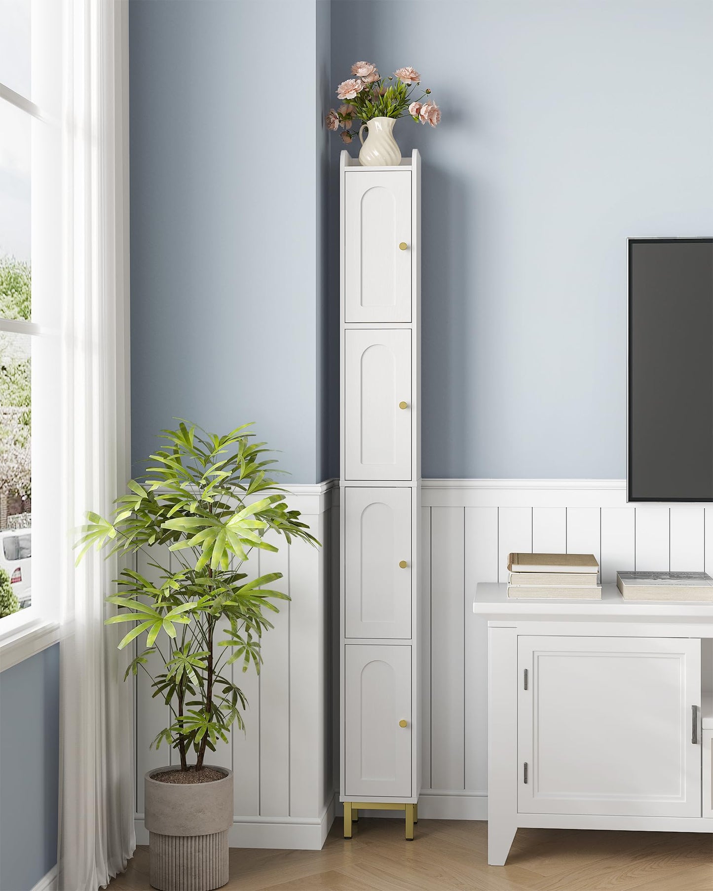 Hzuaneri 4-Tier Narrow Tall Storage Cabinet, Slim Bathroom Storage Cabinet with 4 Adjustable Feet and Shelves, Bathroom Organization for Small Space, Kitchen, Living Room, Laundry Room White BC42213G