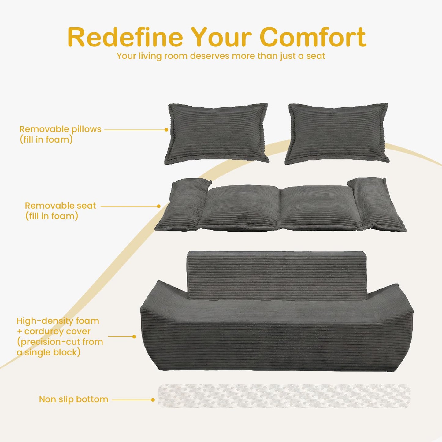 AOLVDOW Boneless Loveseat 56", 2-Seater Gray Boneless Sofa with Removable Cushions & 2 Pillows, Small Boneless Couch Compress Foam Sofa for Living Room, Apartments, & Office