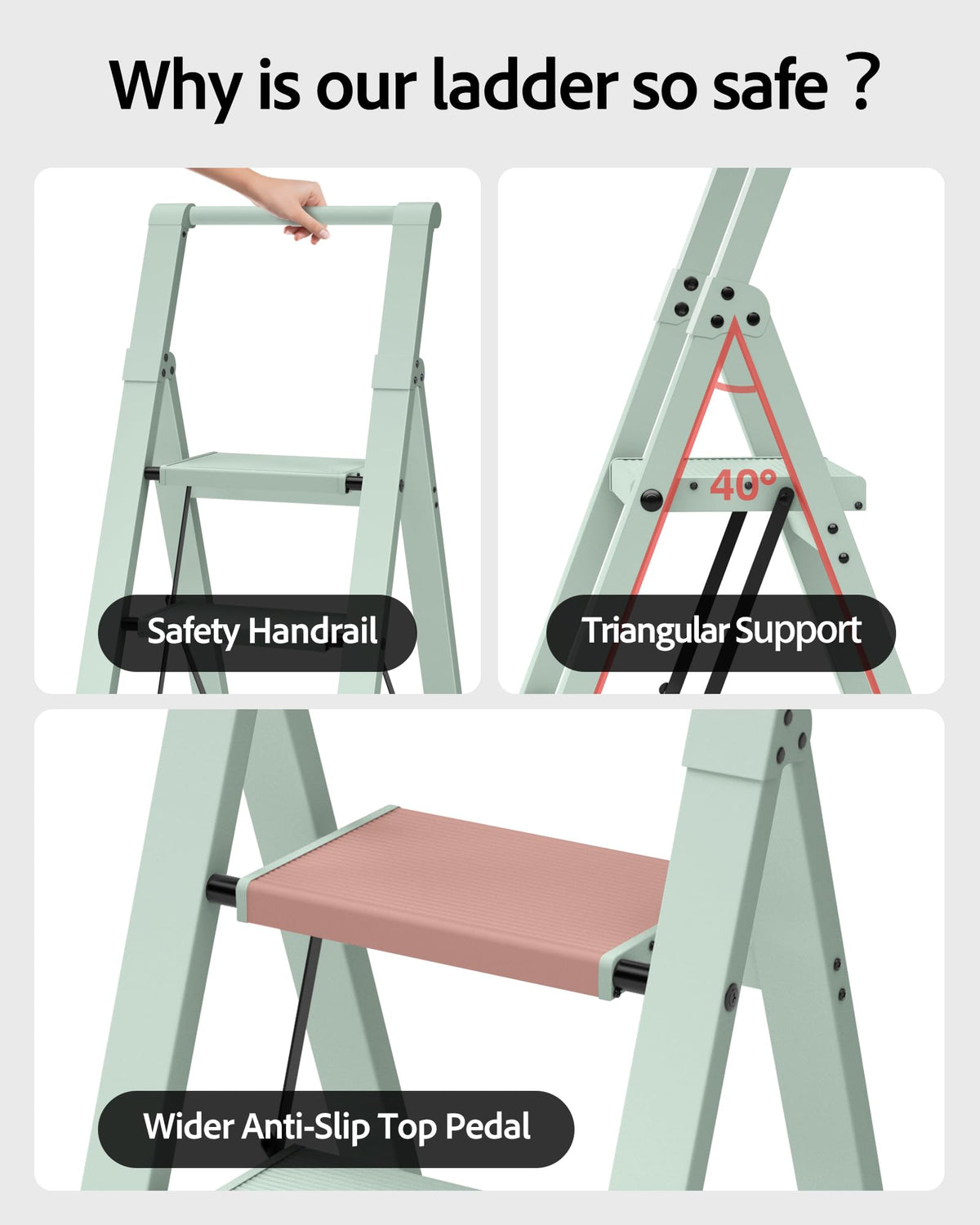 Taranta 4 Step Ladder, Lightweight Aluminum Step Stool with Convenient Handgrip, Folding Ladder with Anti-Slip Pedals, 330lbs Capacity Stepladder for Home, Office, Kitchen - Fairyland Green