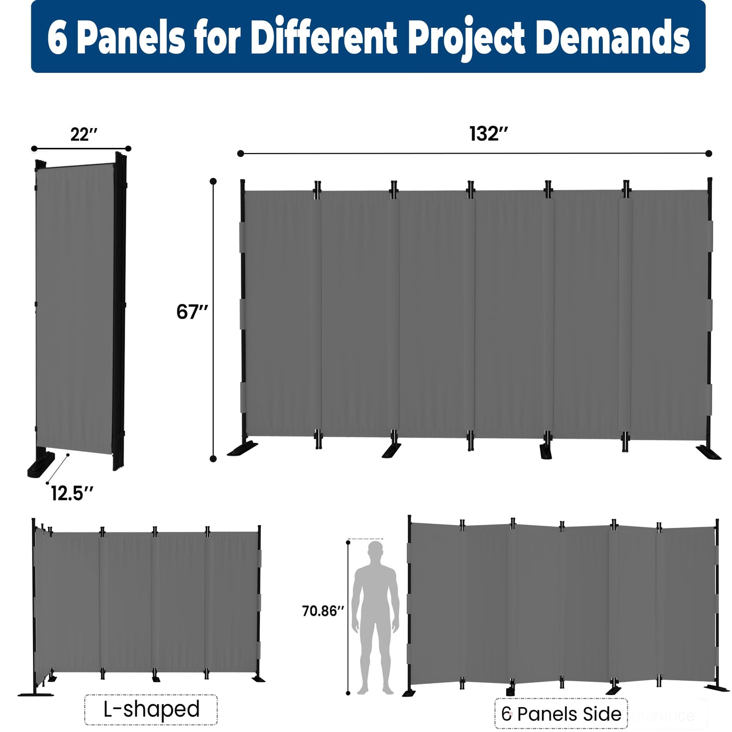 Phonjoroo Room Divider, 6 Panel Upgraded Folding Privacy Screen, 132” Highly Secretive Separation with 4 Metal Feet, Partition Screen, Lightweight Freestanding Wall Divider Bedroom (Grey)