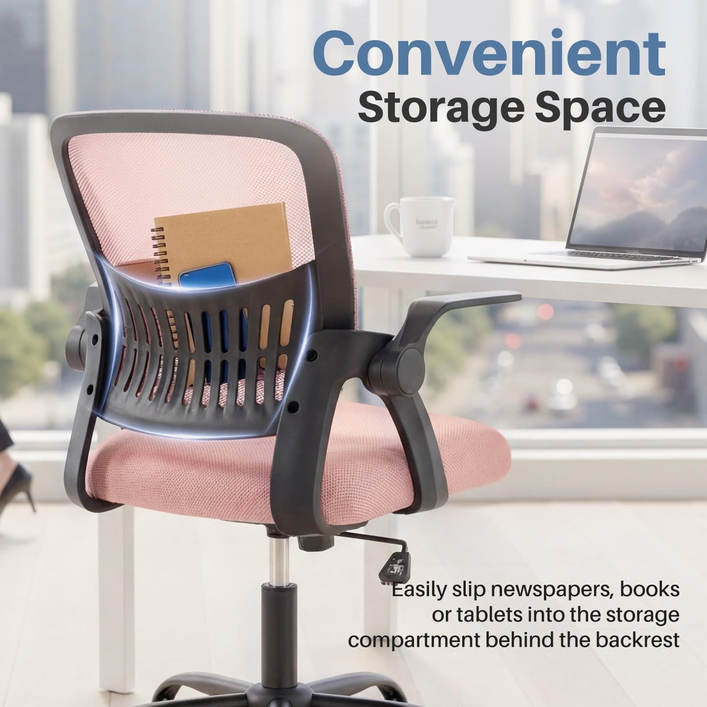 DUMOS Home Office Desk Chair - Ergonomic Computer Mesh Chair with Lumbar Support & Rocking Mode, Height Adjustable with Flip-up Armrest, for Conference, Meeting Room, 360° Swivel, Adults, Pink