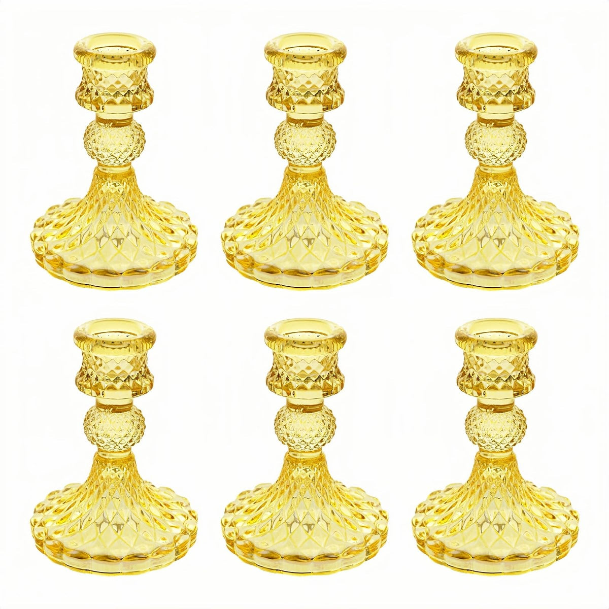 ECHFSM Glass Candlestick Holder,Striped Taper Candle Holders,Set of 6 Candle Stand for Table Centerpieces, Home Decor,Weddings,Festival and Parties (Yellow Dimond)