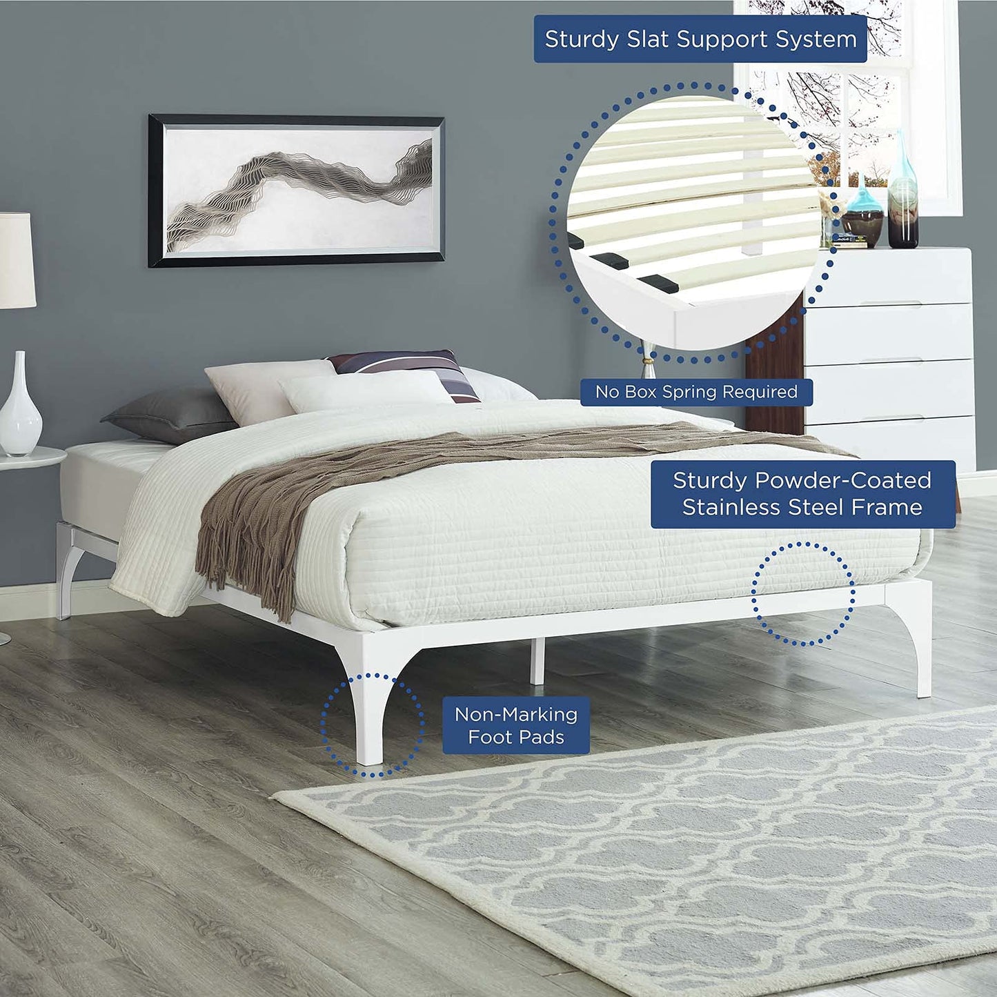 Modway Ollie Steel Modern Full Platform Bed Frame Mattress Foundation with Slat Support in White