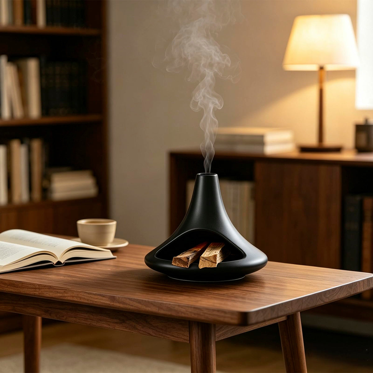 Ceramic Palo Santo Holder Chiminea Shape Burner, Mini Smudge Bowl with Ash Catcher for Incense Cones & Candles, Palo Santo Sticks, for Meditation, Yoga, Cleansing Ceremony, Handmade (Matte Black)