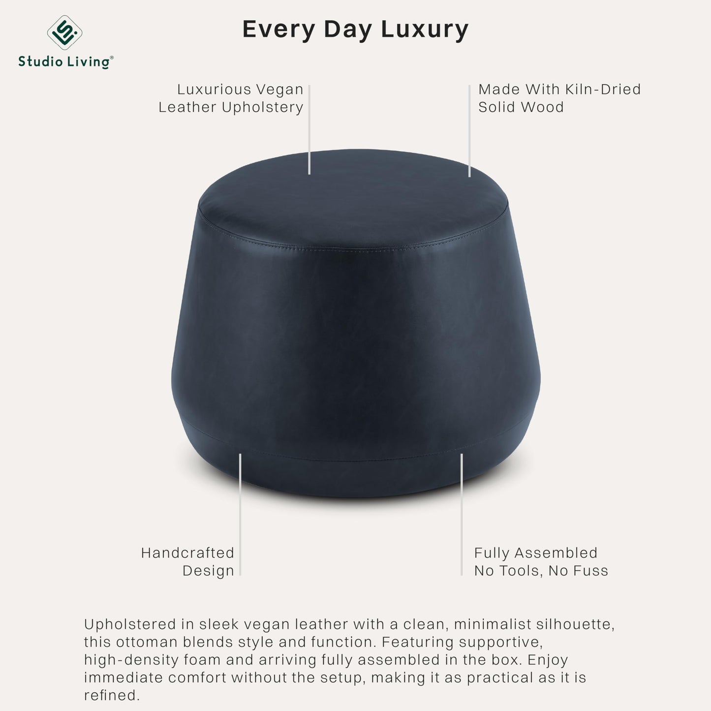 Studio Living® 24” Waverly Ottoman Round Faux Leather Bench, Stationary Ottomans, Backless Chair, Footrest for Living Room, Footstool Office, Bedroom, Padded Seat, Navy Blue