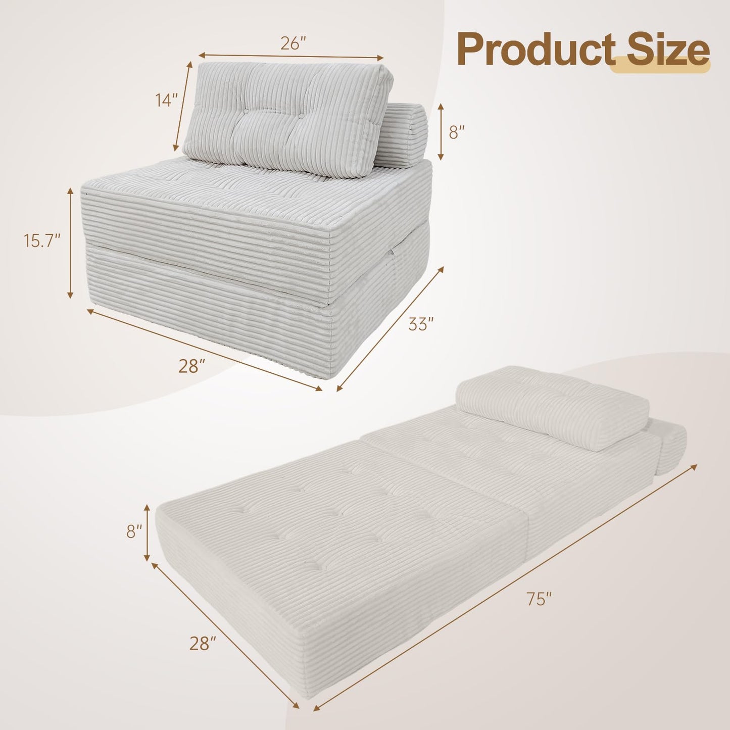 ANONER Memory Foam Folding Sofa Bed, Sectional Couches with Pillow, Futon Floor Couch, Versatile Convertible Sleeper Chair, Boneless Chaise Lounge, Fold Out Chair Bed for Living Room, Beige