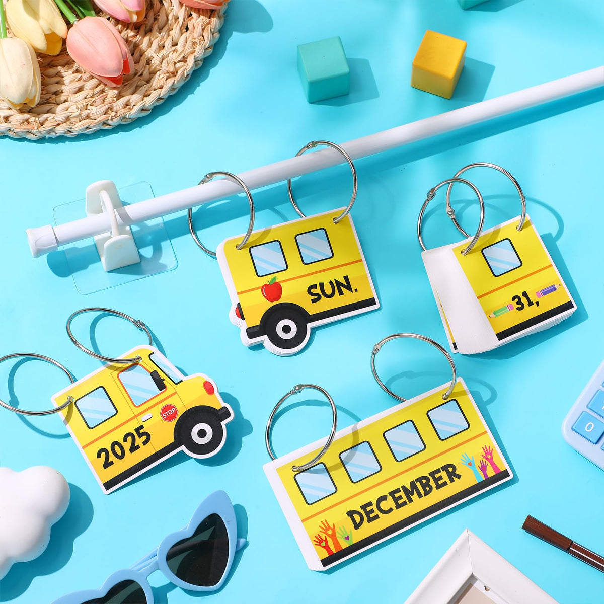 Containlol School Bus Calendar Bulletin Board Set Flip Calendar for Classroom Teacher Adjustable with 54 Yellow Week Month Day Year Cards Rod O-ring for Back to School First Day Elementary Wall