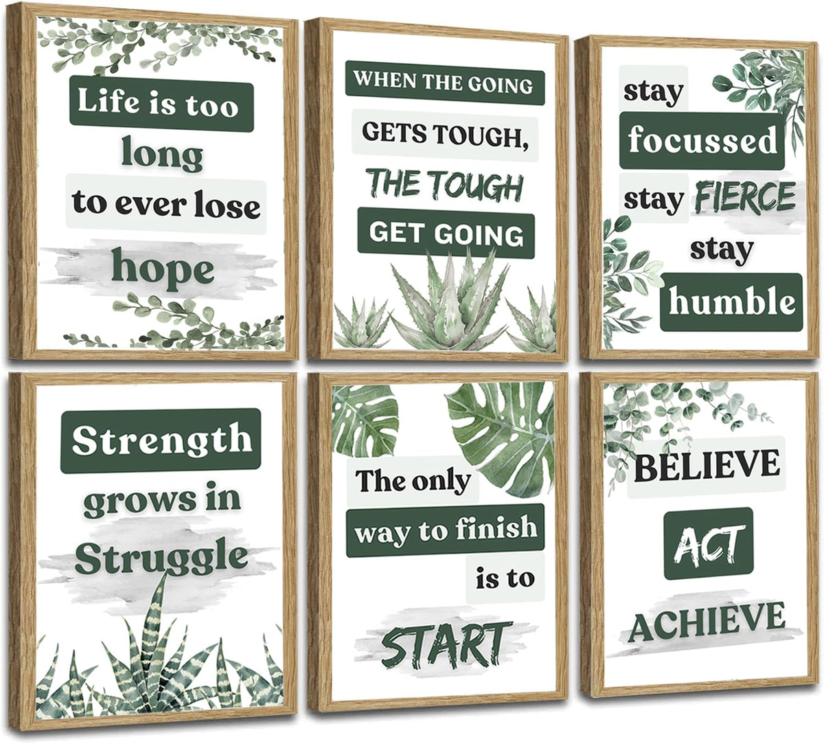 Induslyfe Framed Motivational Wall Art for Living room Bedroom Office Canvas Wall Art pictures for Classroom,Affirmations Inspirational Decor Olive Eucalyptus,Positive Quotes for Office Set of 6, 9x12
