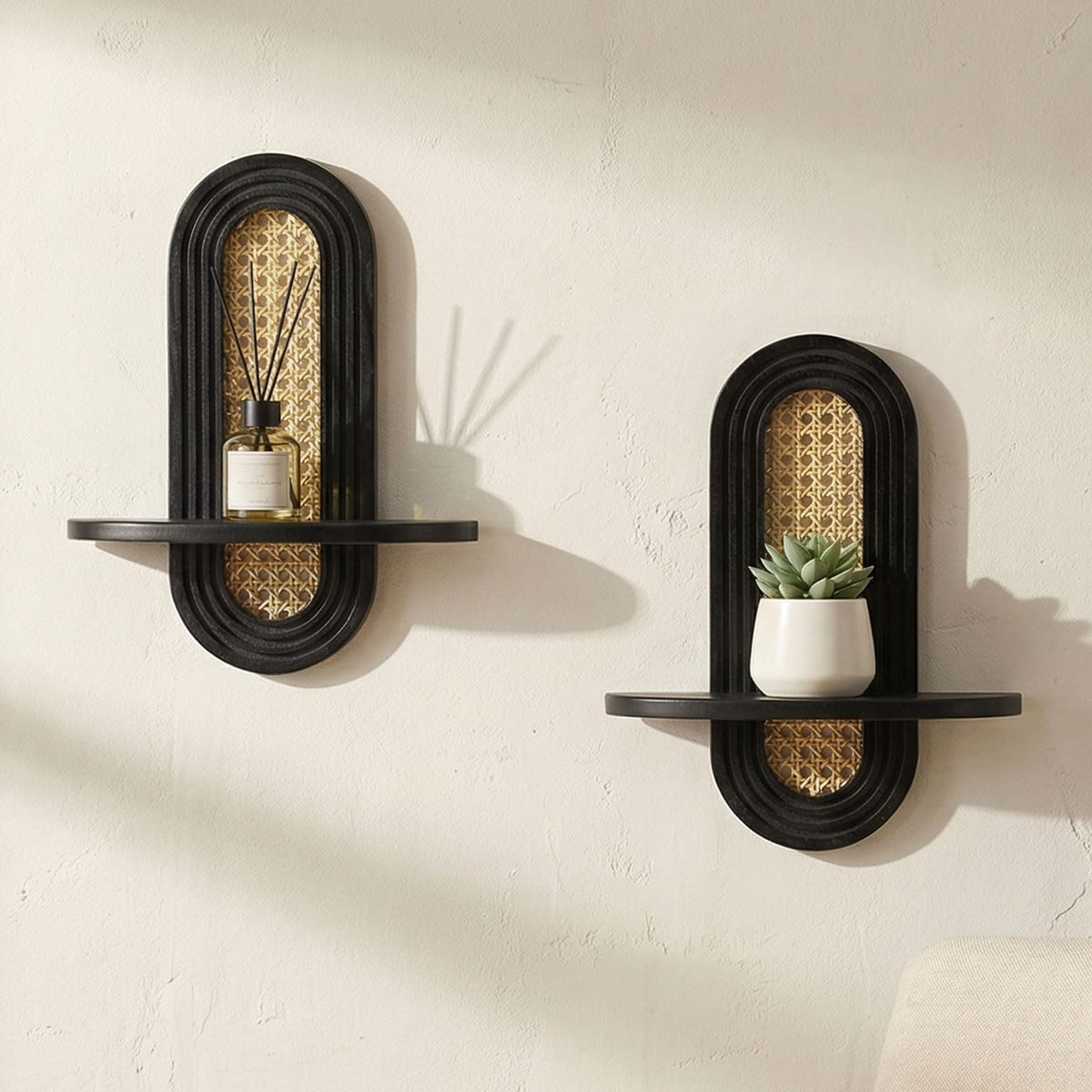 Wall Candle Holder Sconce, Set of 2 Wooden Wall Mounted Candle Holder with Arched Shelf and Gold Metal Vine Detail, Decorative Wall Sconce for Pillar Candles, Living Room Bedroom Entryway Decor
