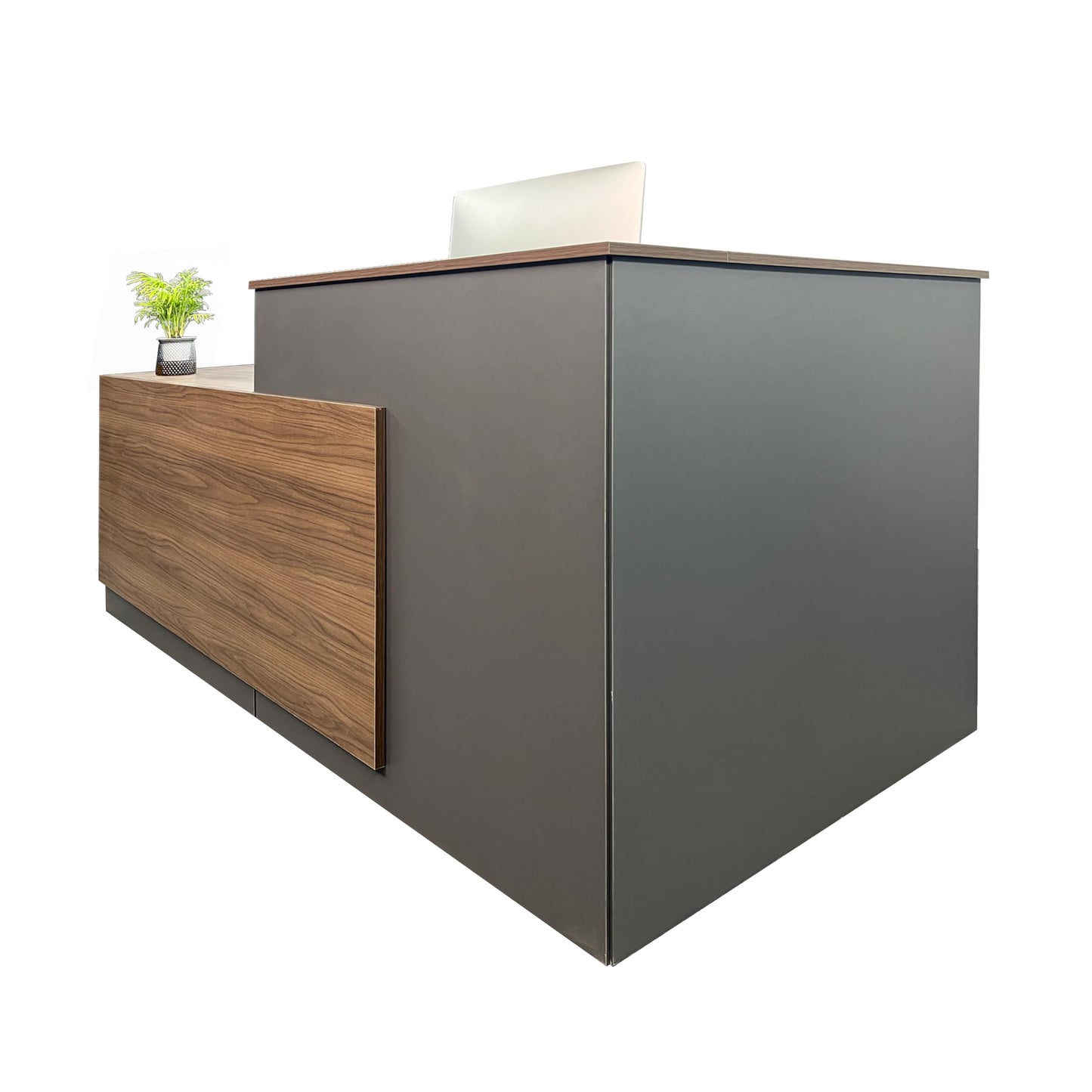 JYUREO L-Shaped Reception Desk with Counter and Lockable Drawers and Storage,Modern Front Desk Reception Counter for Checkout, Lobby, Beauty Salon (R-Walnut & Graphite Finish, 78.74inx39.4inx39.4in)