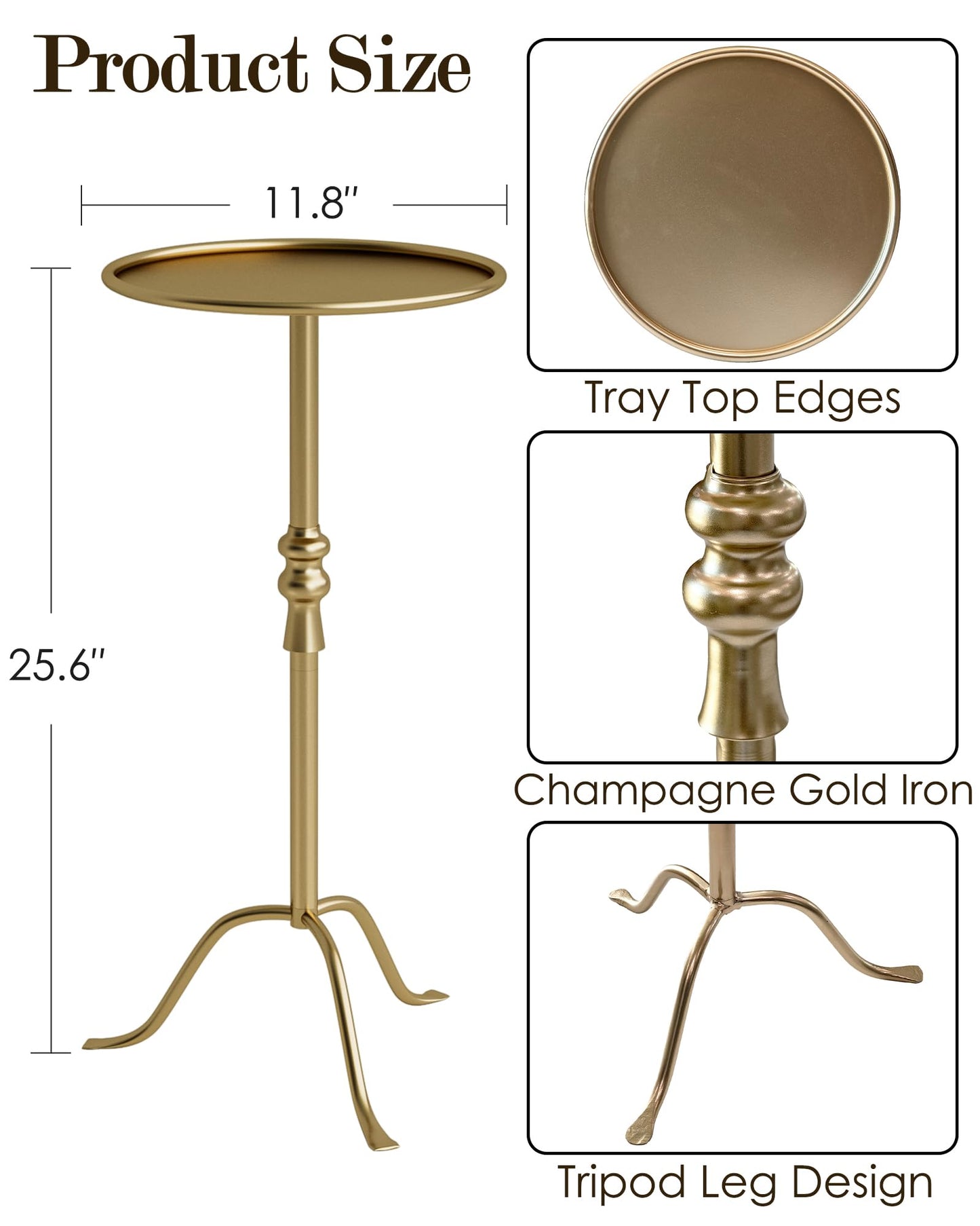 AEPOALUA Brass Distressed Iron Round Pedestal End Table, 25 Inch Vintage Martini Cocktail Accent Table with Tray Top for Living Room, Bedroom (Gold)