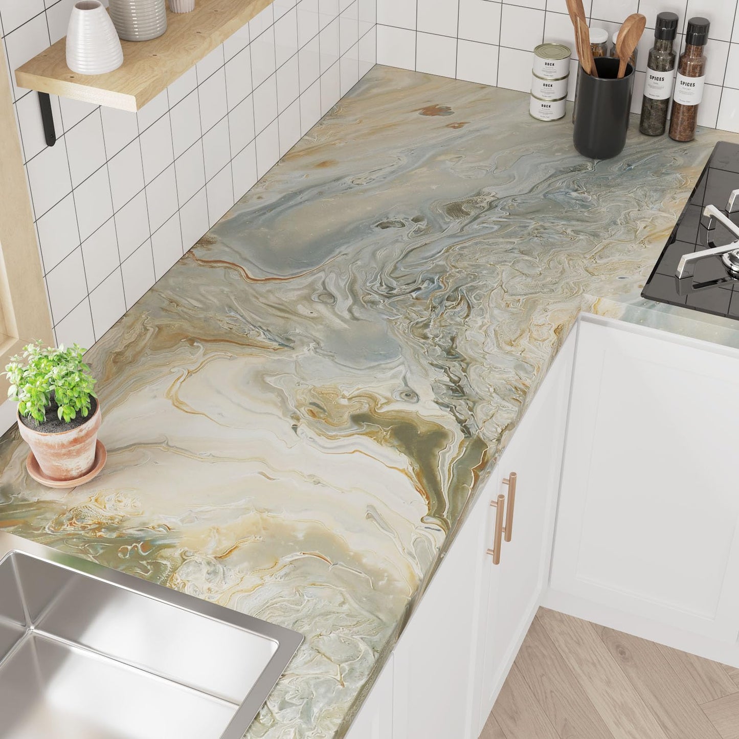 VaryPaper 15.7''x78.7'' Luxury Beige Liquid Marble Contact Paper for Countertops Waterproof Matte Marble Wallpaper Peel and Stick Countertop Vinyl Wrap Removable Granite Wallpaper for Kitchen Bedroom