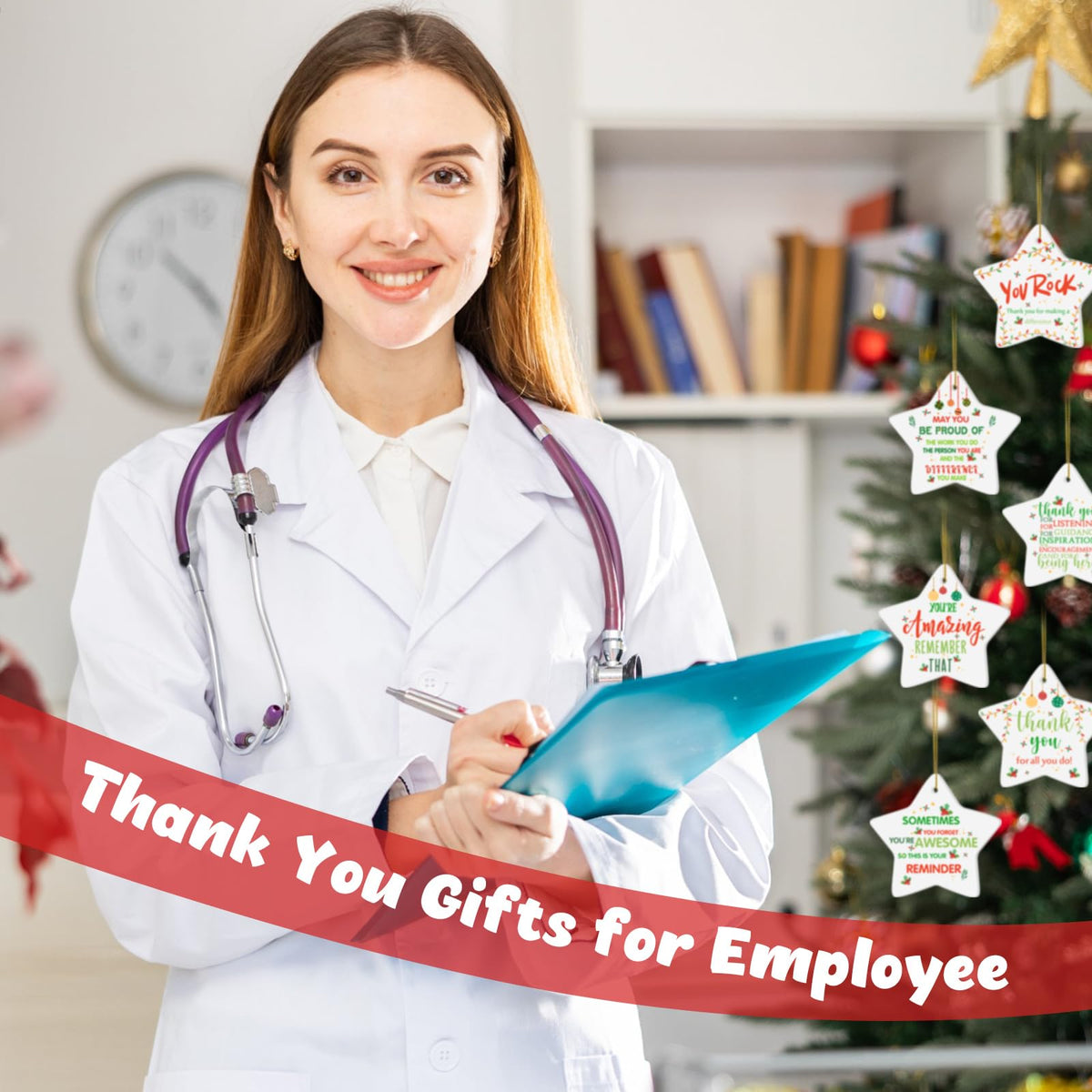 Tioncy 30 Pcs Christmas Thank You Ornament Gifts for Coworkers Employee Appreciation Gifts Thank You for Being Awesome Star Hanging Plaque for Teacher Friend Office Xmas Tree Decoration (Ceramic)