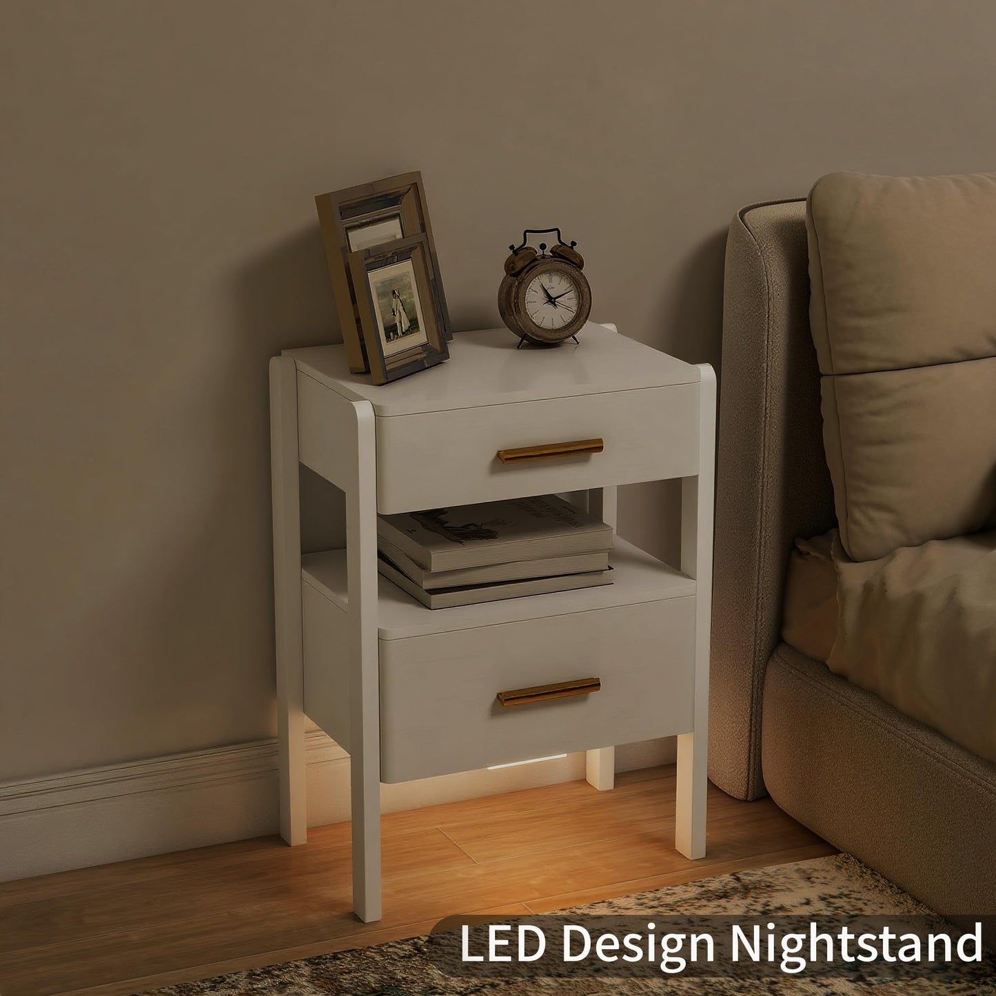 Tltaroni White Nightstand with 2 Drawers and Open Shelf Wood Bedside Table Gold Handles Storage Night Stand with Light for Bedroom