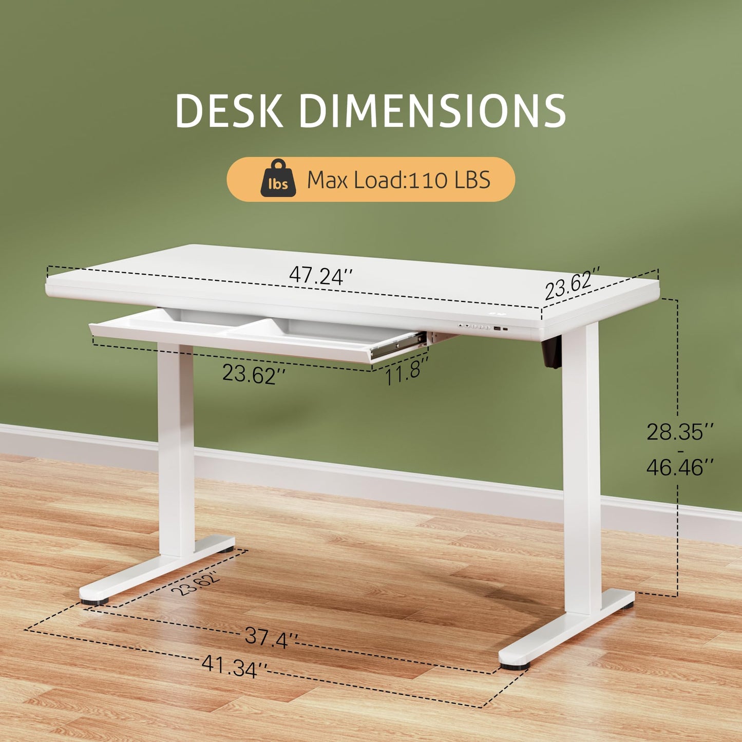 Furmax Adjustable Height Electric Standing Desk with Drawers, 48 Inch Sit Stand Desk with One-Piece Thickened Desktop & USB Charging Port for Home Office Computer Desks (White Desktop, 48 Inch)
