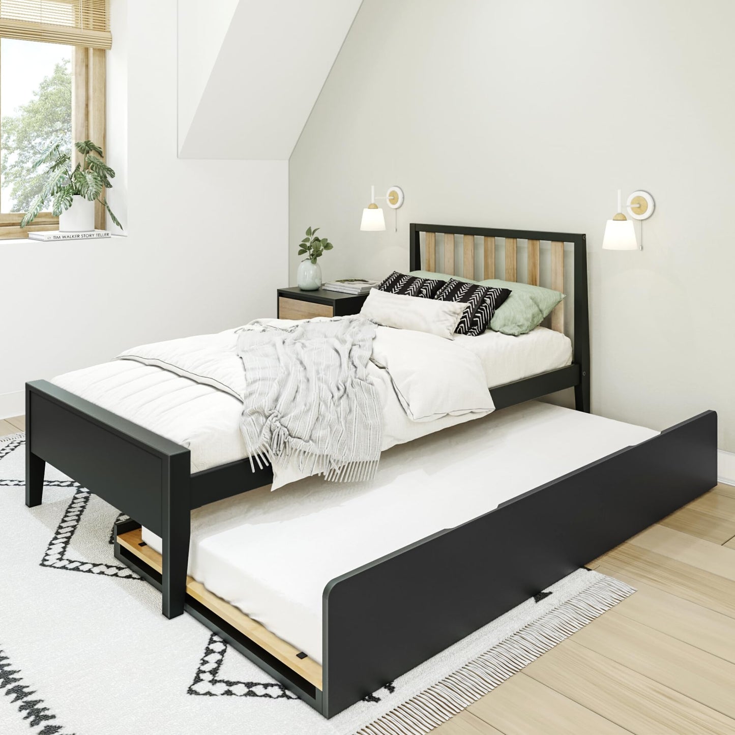 Max & Lily Scandinavian Panel Bed (Twin), Slatted Headboard, with Trundle, Black/Blonde