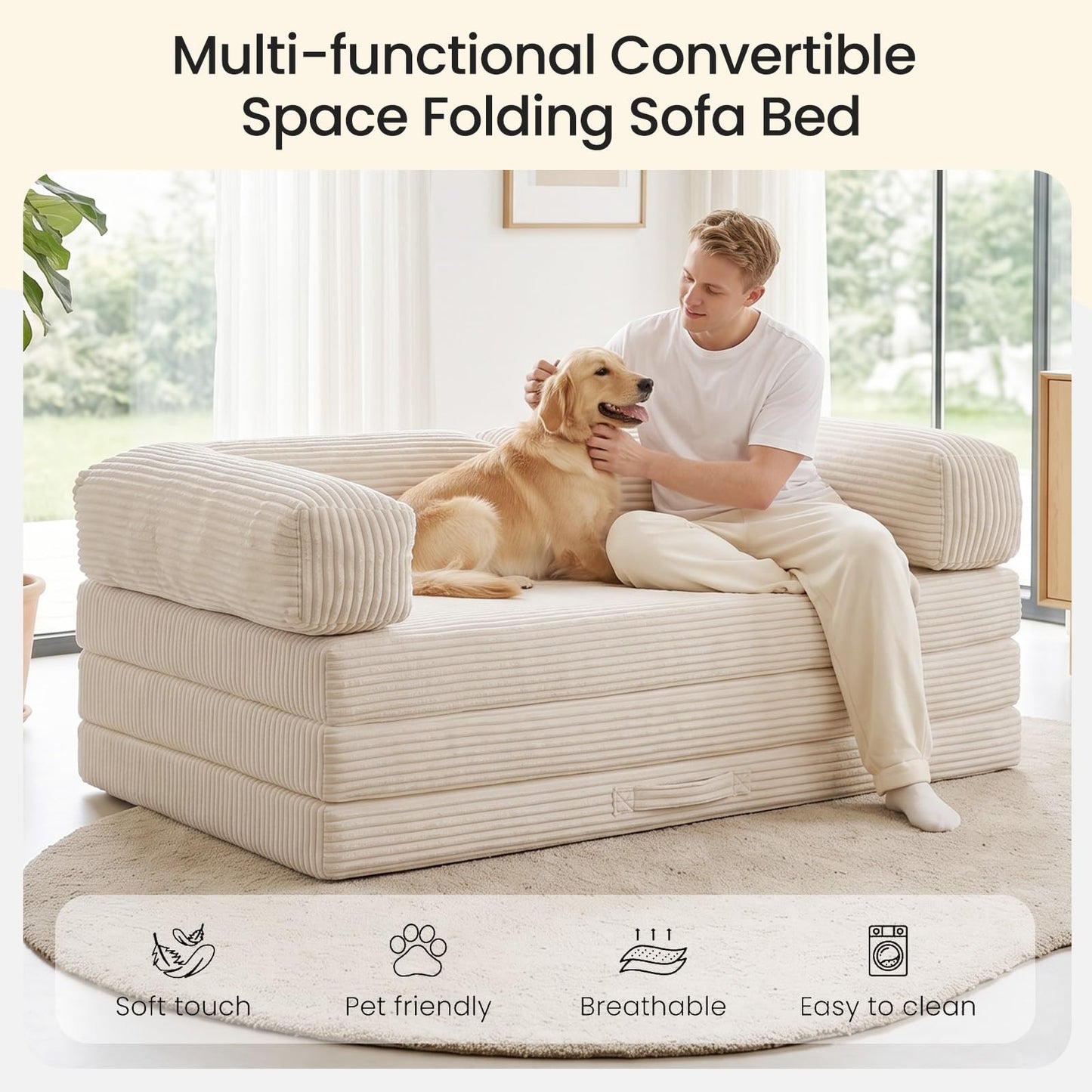 Erament Convertible Sofa Bed, Tri-Folding Mattress Queen with Removable Armrests & Washable Cover, Foldable Small Pull Out Couch Bed with High-Density Foam, Beige