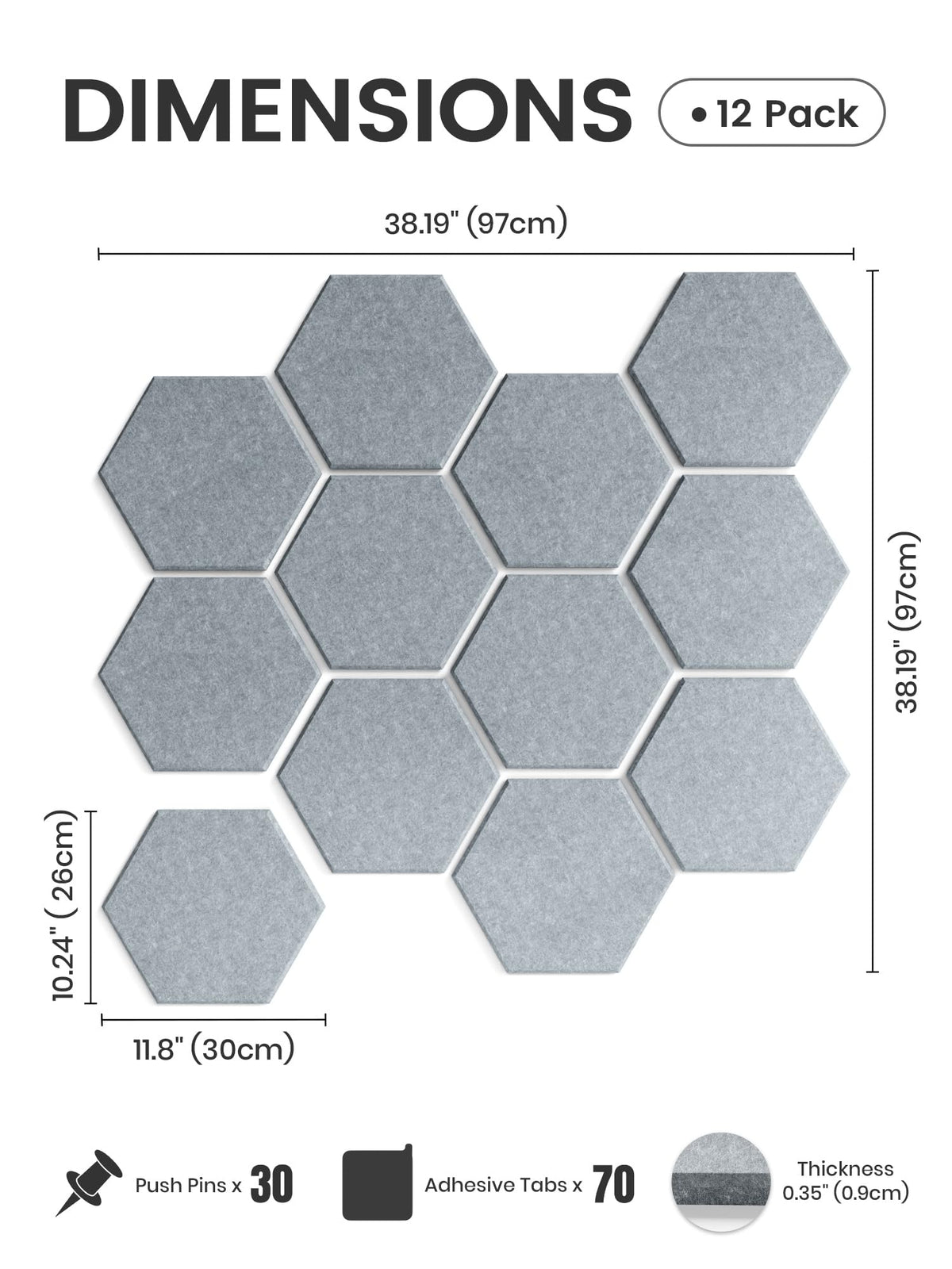 Fluxynara Hexagon Cork Board Alternative for Walls Decor-12-Pack Felt Bulletin Board Tiles,with 30 Pushpins,70 Adhesive Tabs for Office,Classrooms & Home Pin Board Felt Board-Blue Gray
