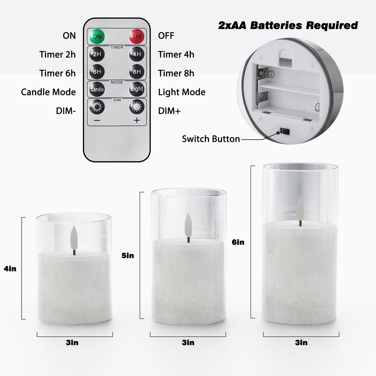 VIODAIM Ice Crystal Real Wax Glass Flameless Candles with Remote & Timer, Battery Operated Candles with Warm Flickering Flame, Realistic LED Candle for Wedding Home Decor [D3×H4/5"/6"] Clear, 3Pack