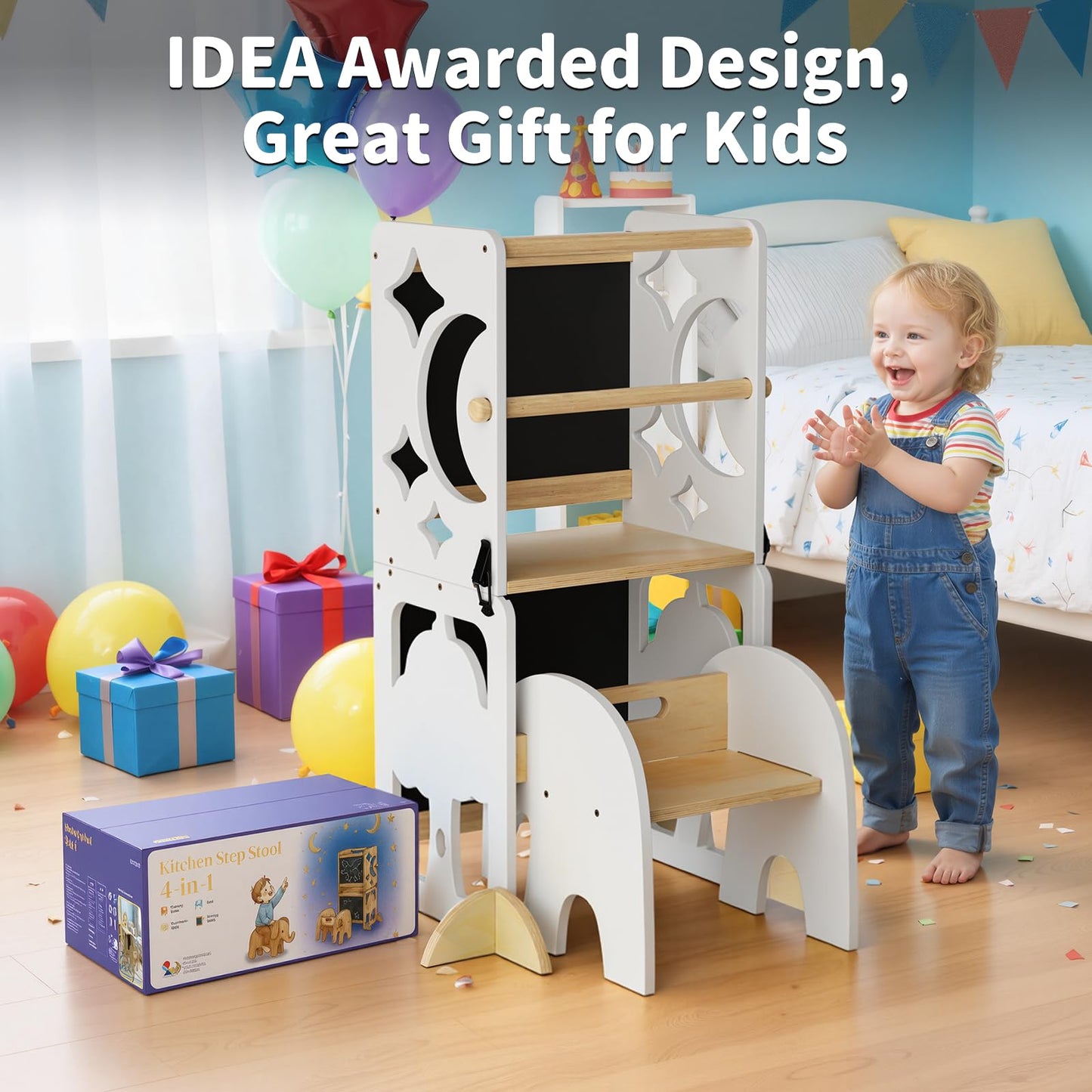 COSYLAND 4-in-1 Toddler Kitchen Stool Helper with Safety Rail, Foldable Toddler Standing Tower with Double Blackboard, Kids Learning Desk and Chair Set, White and Natural